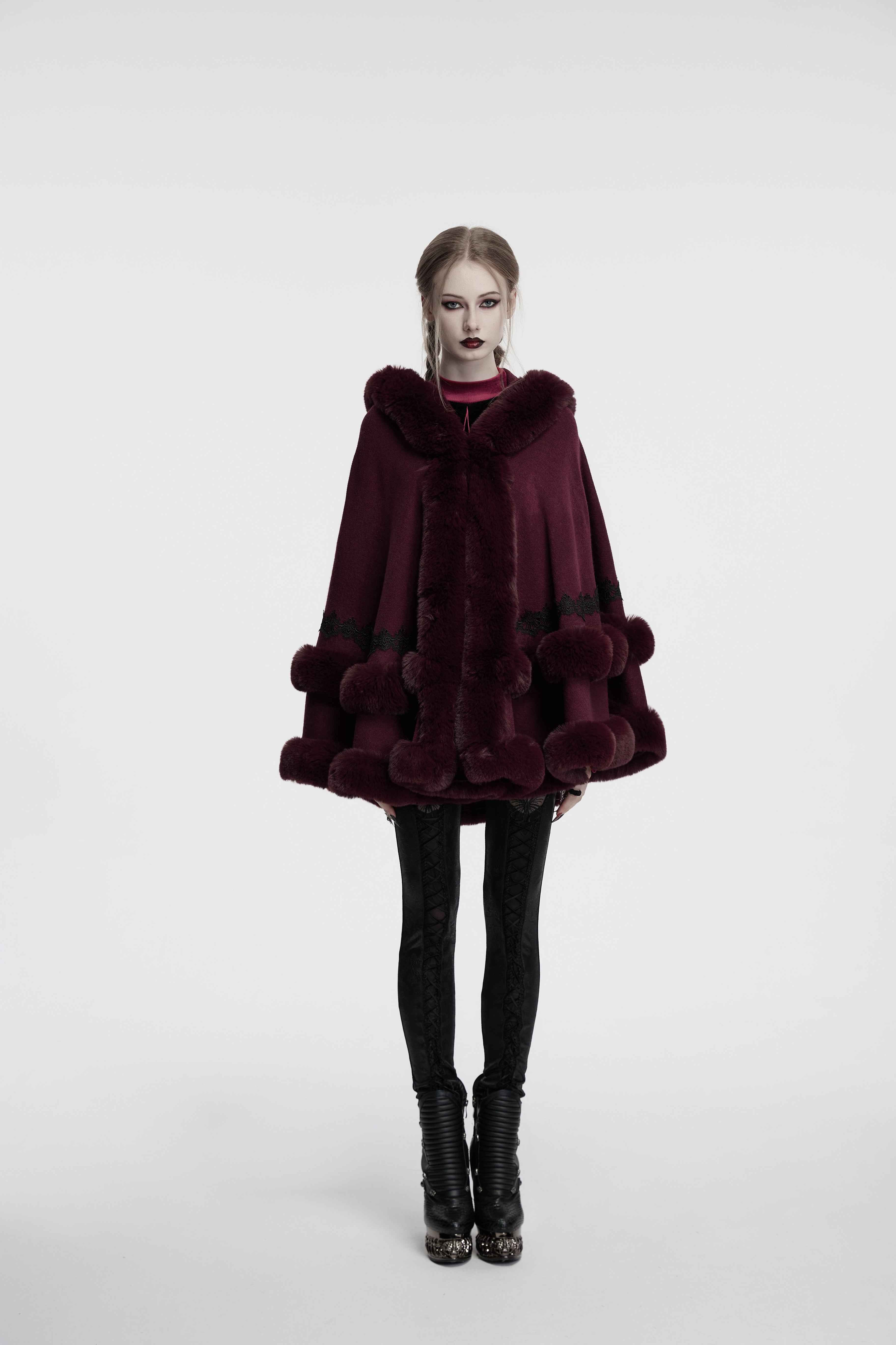 Punk Rave Isolde Faux Fur Trim Gothic Cloak Wine Red
