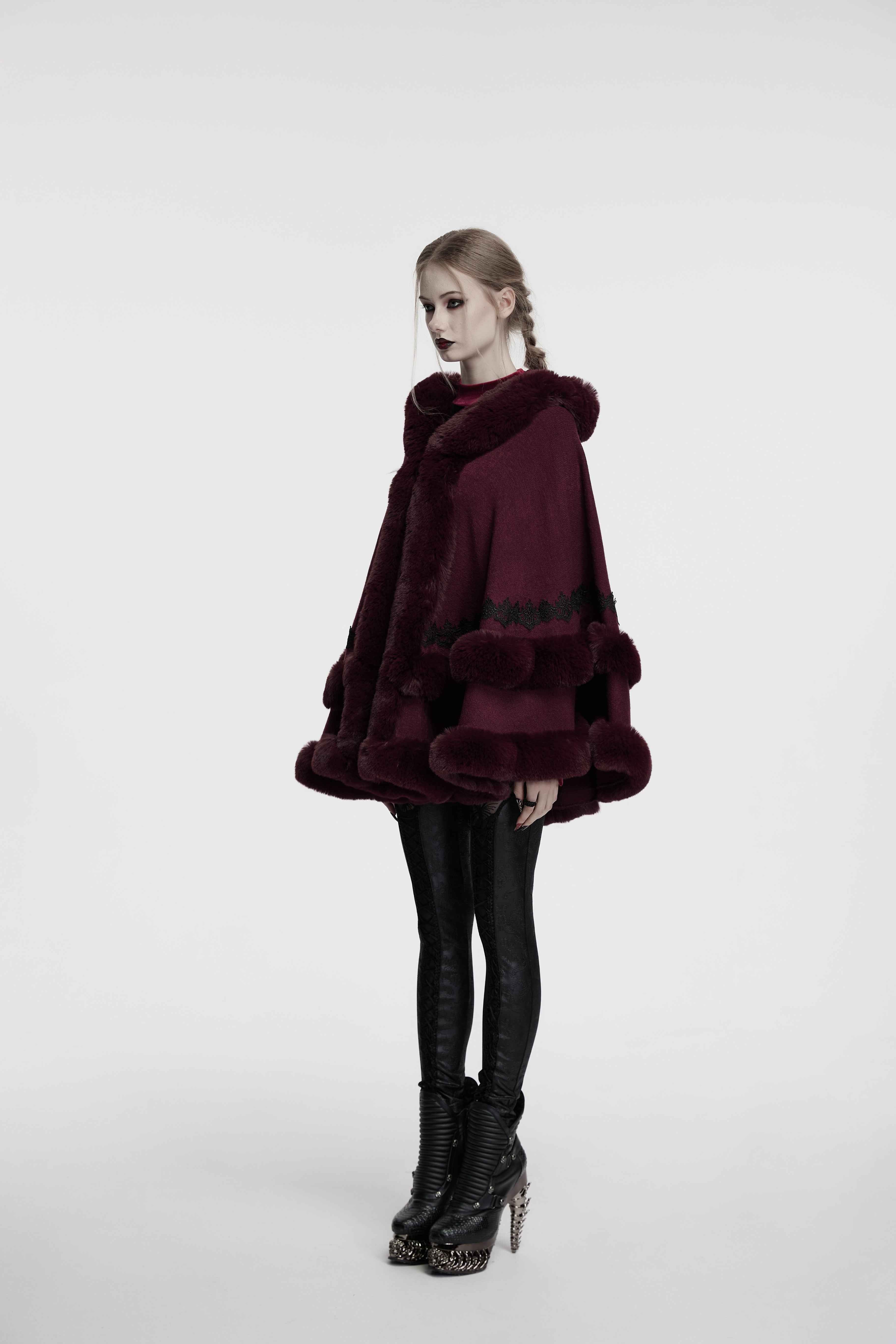 Punk Rave Isolde Faux Fur Trim Gothic Cloak Wine Red