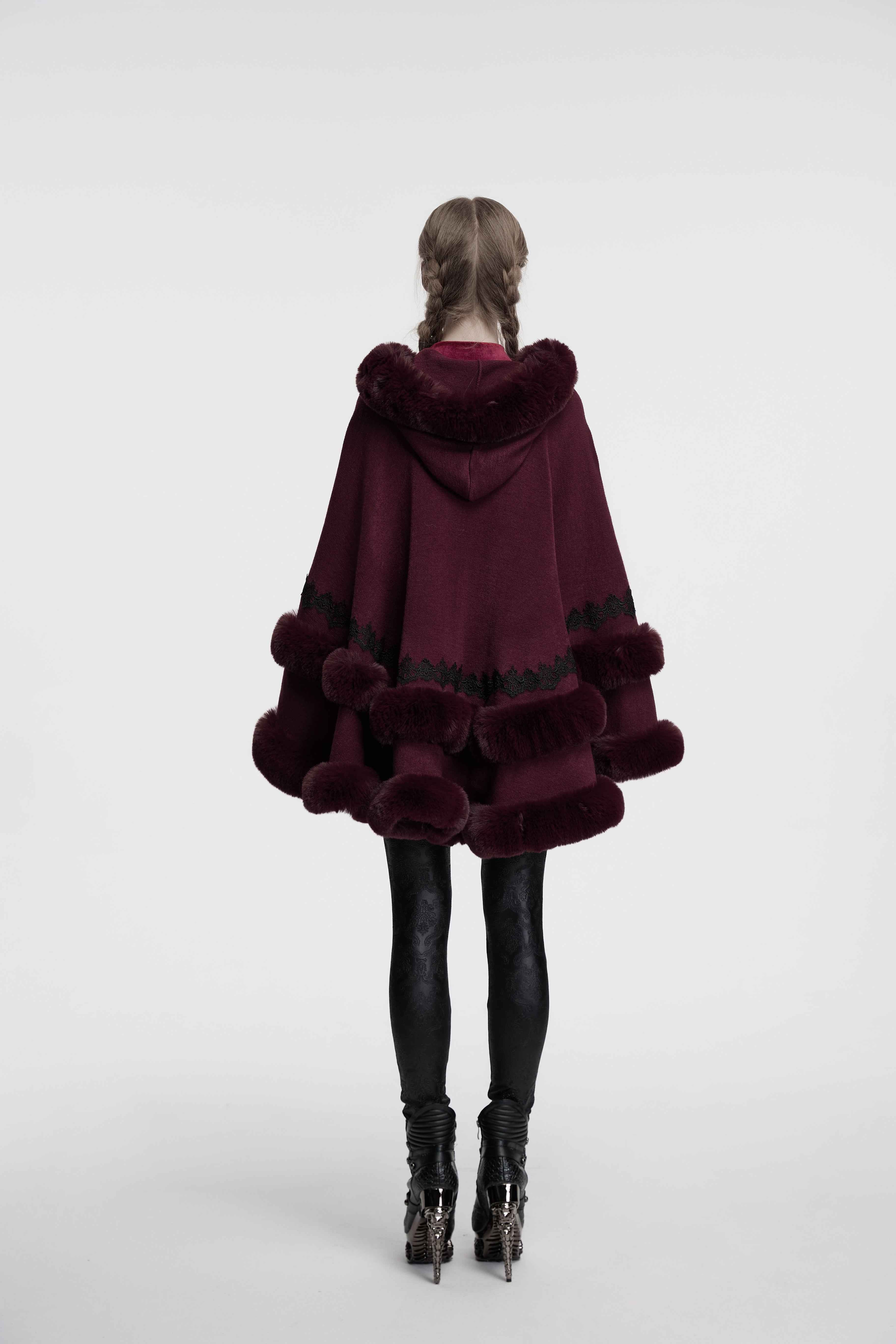 Punk Rave Isolde Faux Fur Trim Gothic Cloak Wine Red