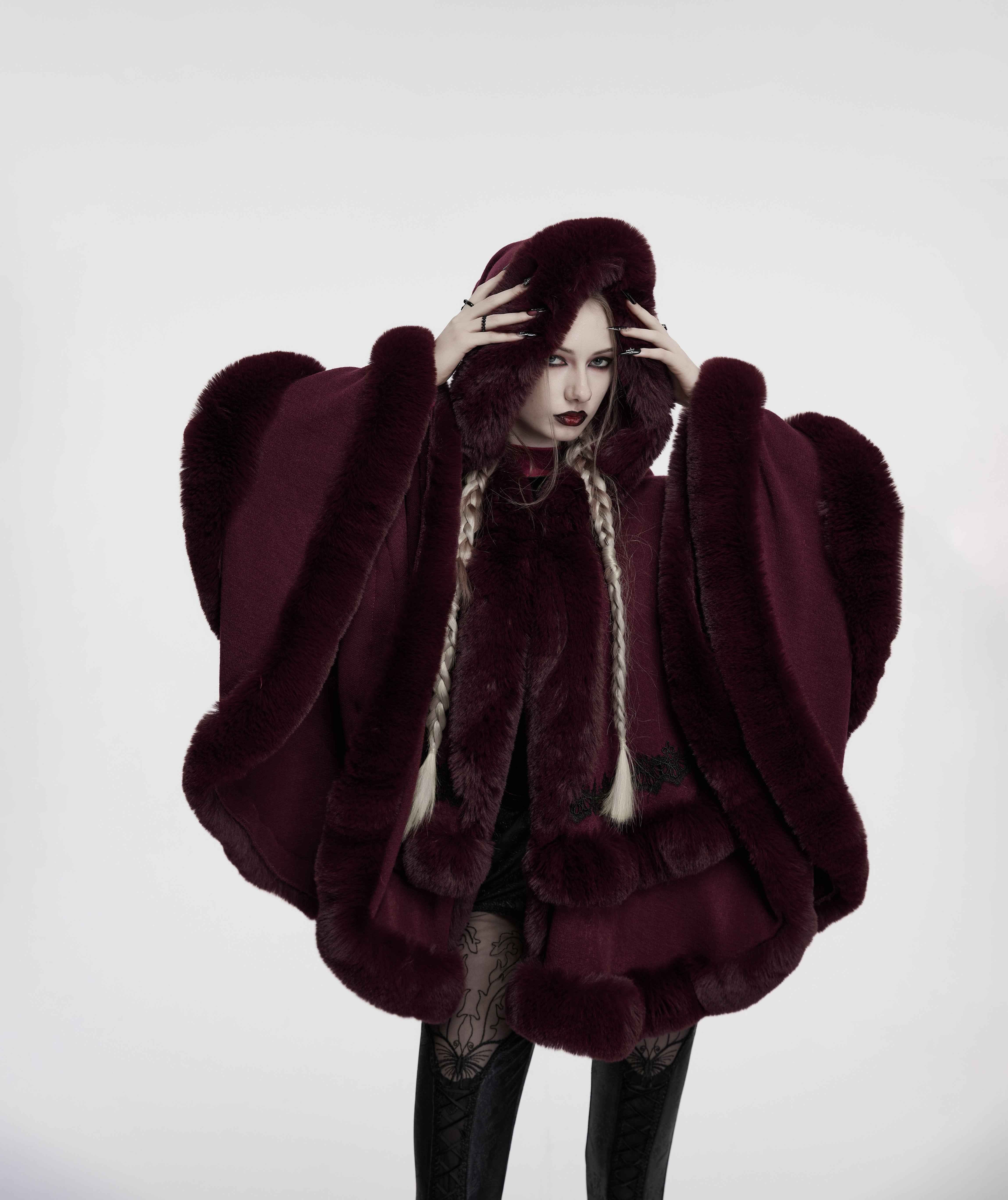 Punk Rave Isolde Faux Fur Trim Gothic Cloak Wine Red