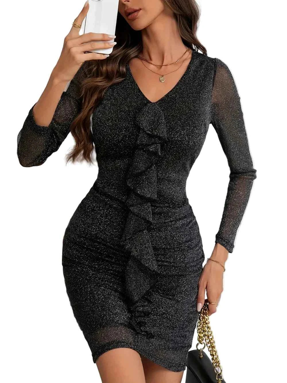 Metallic Ruffled V-Neck Long Sleeve Mini Dress