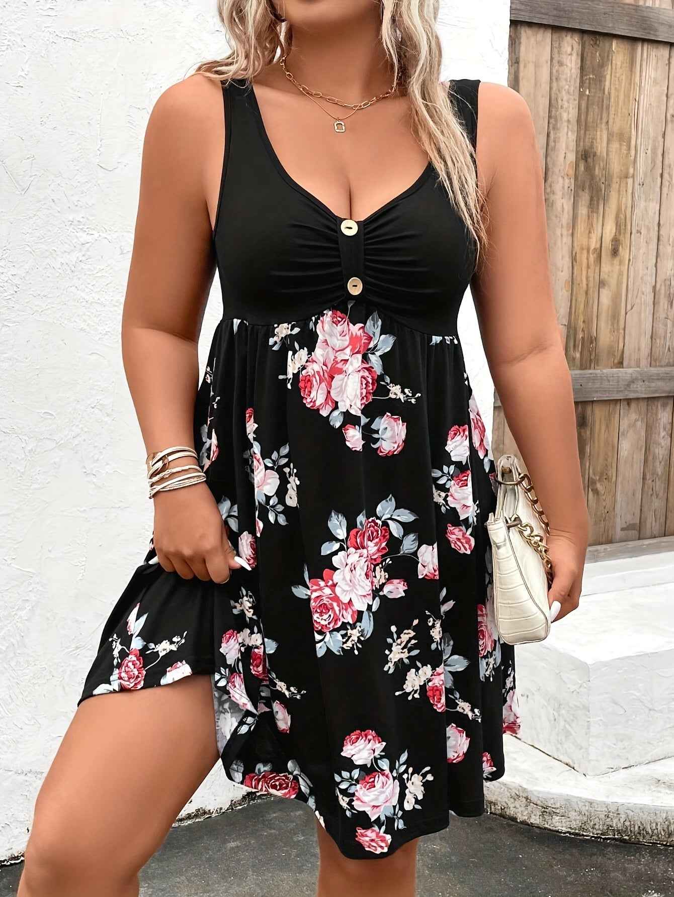 Plus Size Floral Print Patchwork Gathered Tank Dress, Vacation Style Button Front Sleeveless V Neck Dress