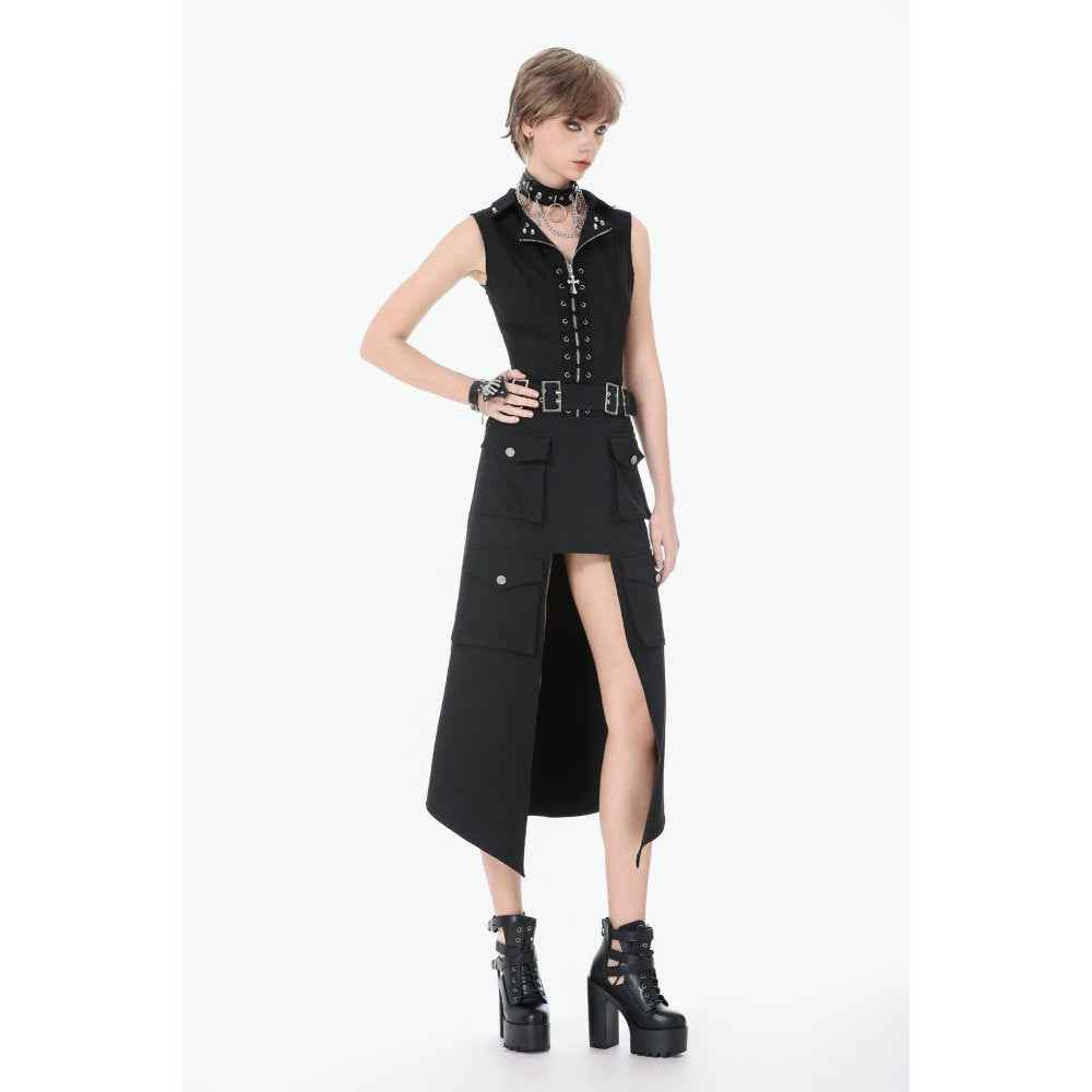 Dark in Love Punk Layered Pocket Cutout Belted Long Skirt