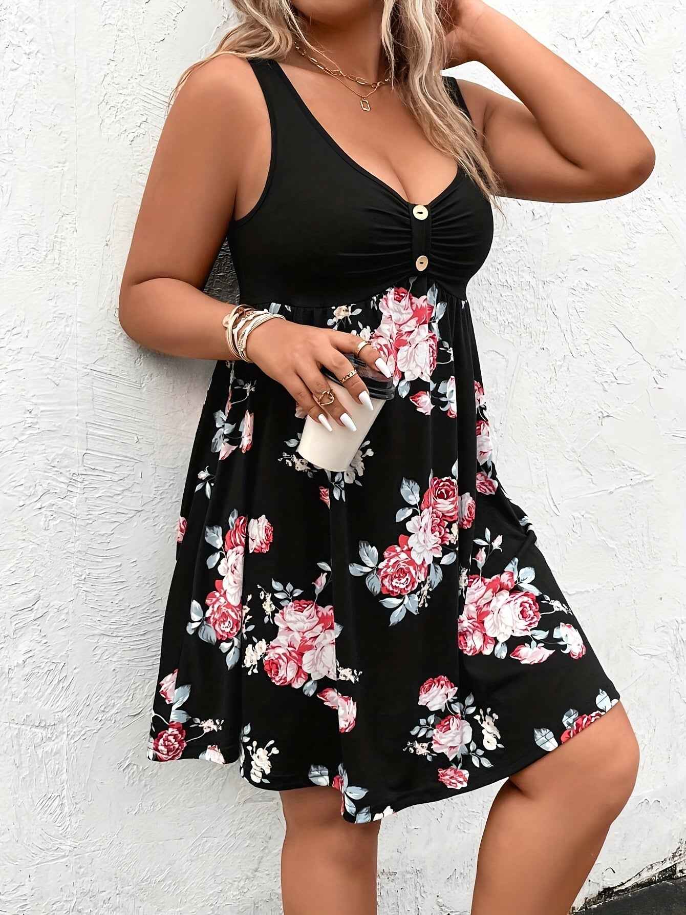 Plus Size Floral Print Patchwork Gathered Tank Dress, Vacation Style Button Front Sleeveless V Neck Dress