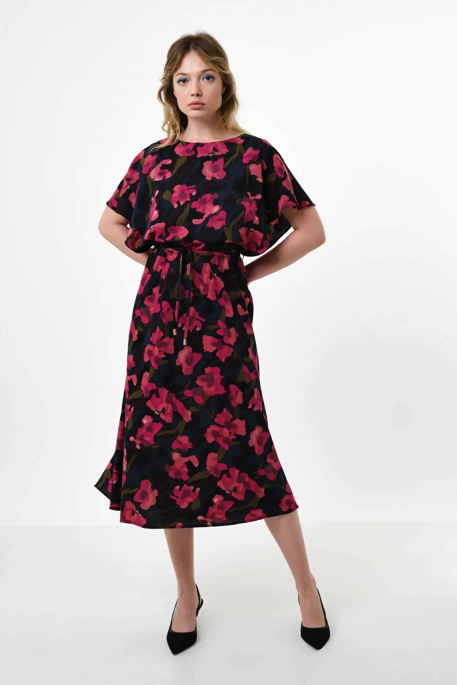 Basford Watermark Floral Print Cape Sleeve Midi Dress