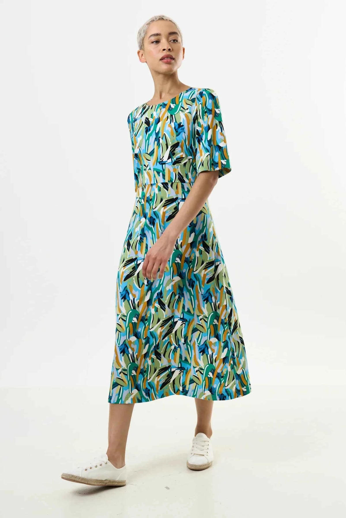 Corrine Brushstroke Print Short Sleeve Midi Dress - Green
