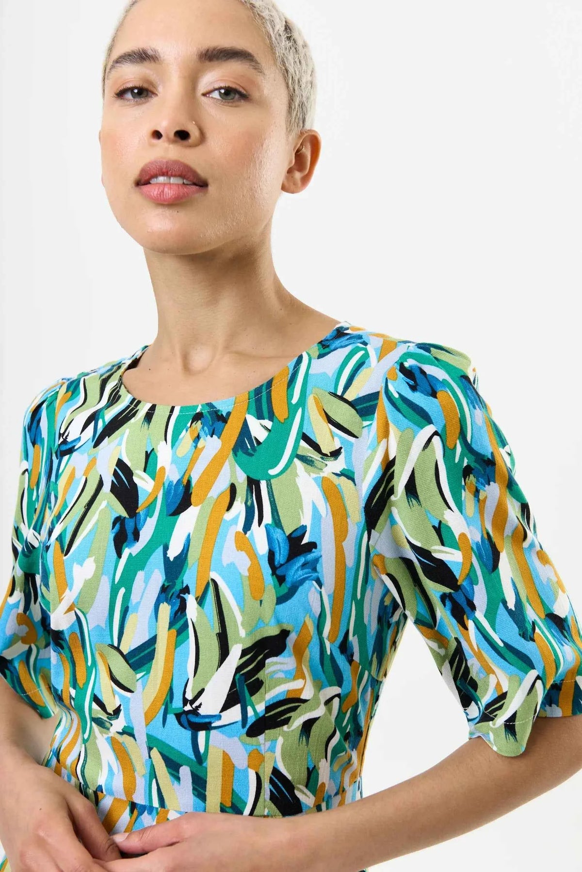 Corrine Brushstroke Print Short Sleeve Midi Dress - Green