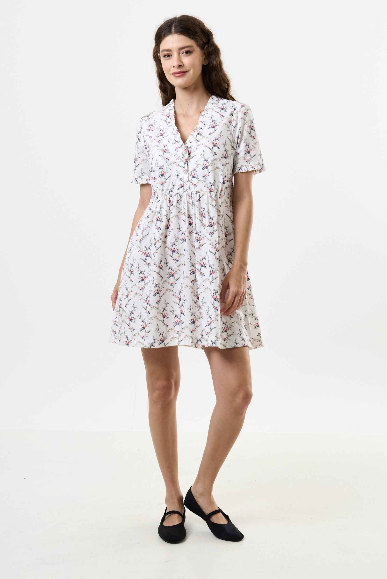 Cosima Regency Print Frill V-Neck Mini Dress