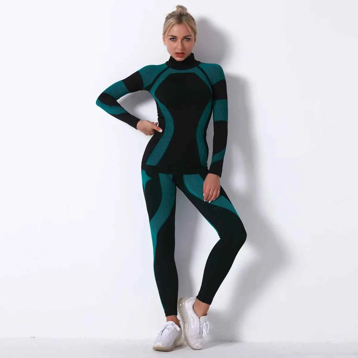 Breathable Yoga Workout Long Sleeve Shirt Leggings Set Gym Sports Fitness Striped Pants Suit For Women