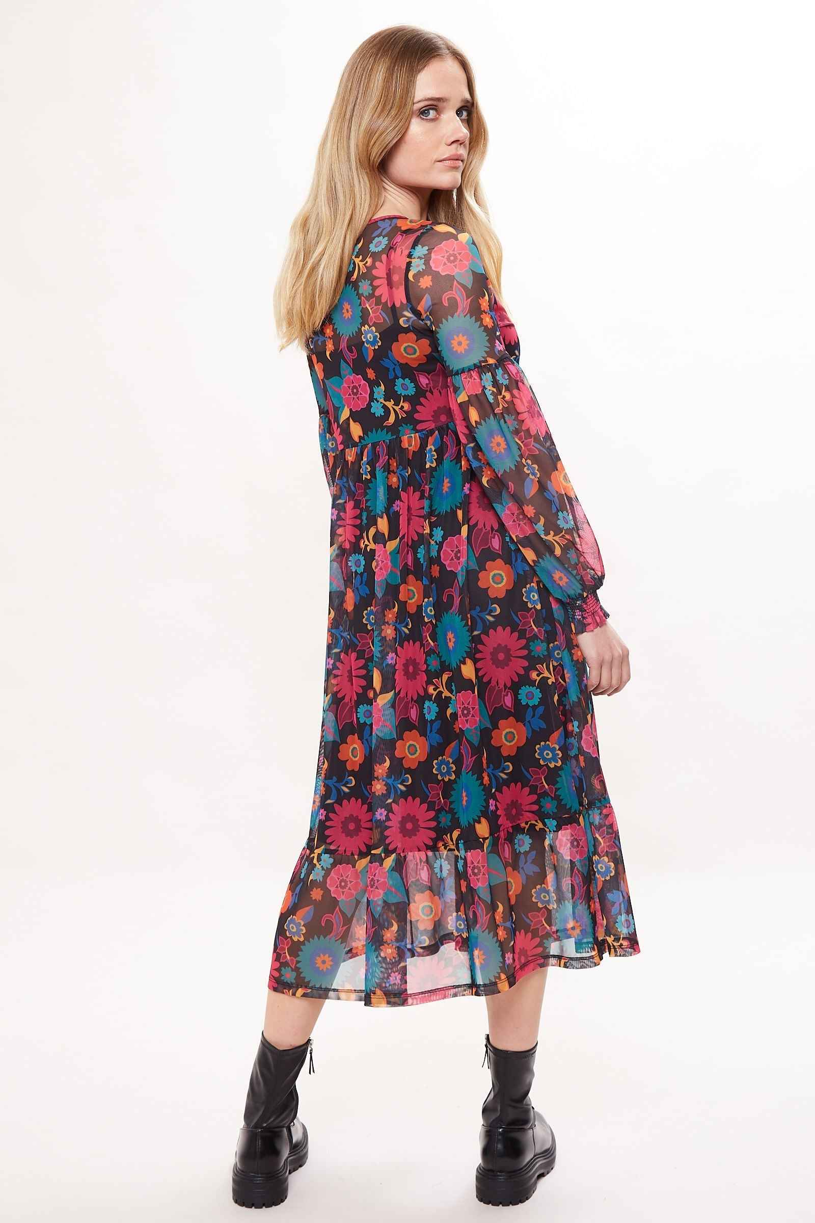 Lucinda 70'S Floral Printed Mesh Tiered Midi Dress