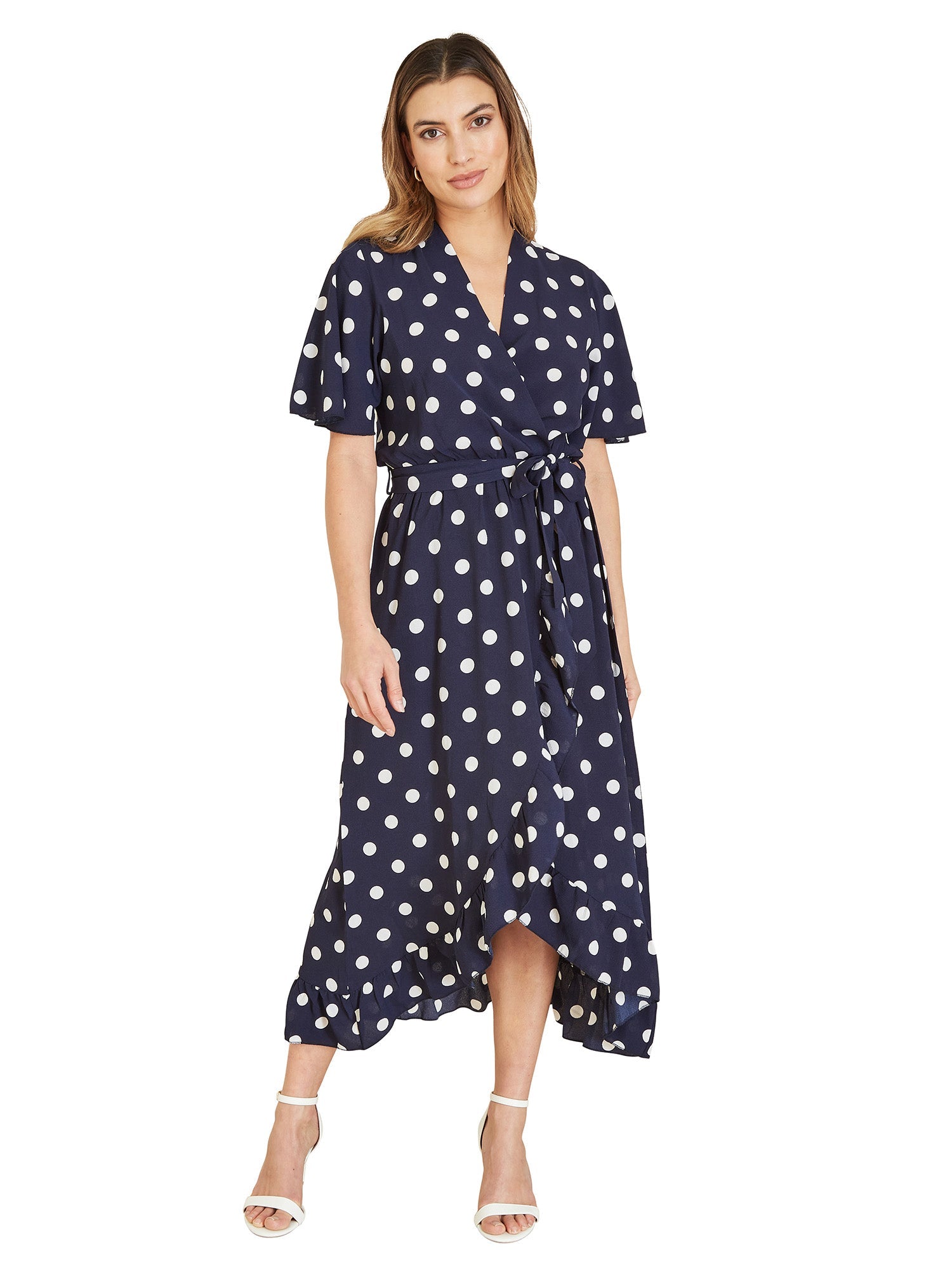 Mela Navy Spot Print Wrap Midi Dress With Frill Detail