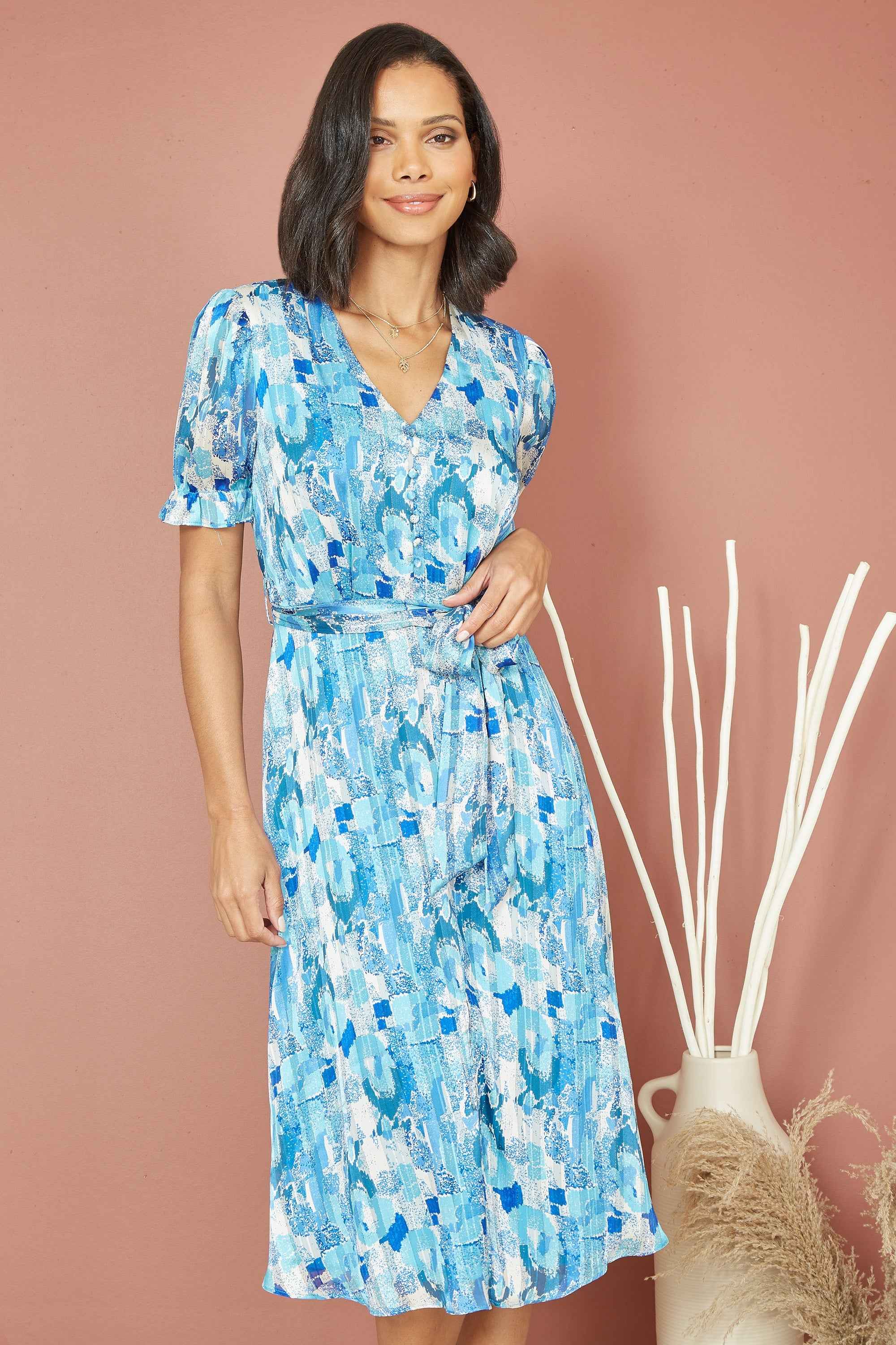 Mela Blue Abstract Print Tea Dress With Pleats And Front Split