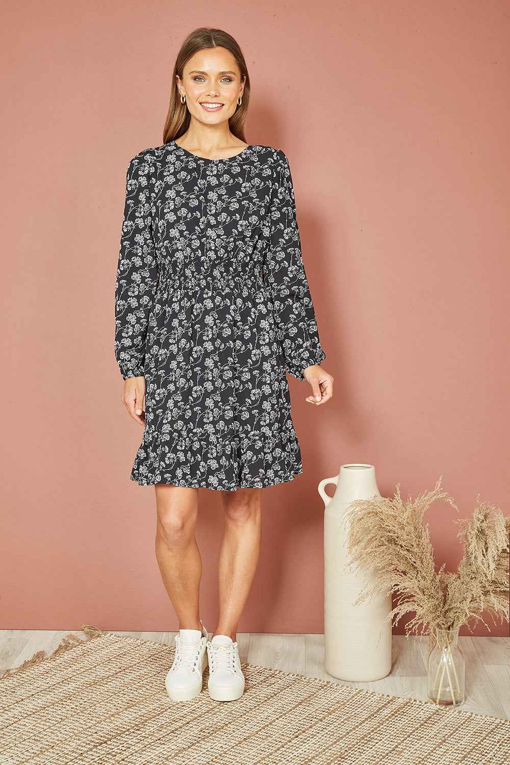 Mela Black Floral Print Ruched Waist Long Sleeve Skater Dress