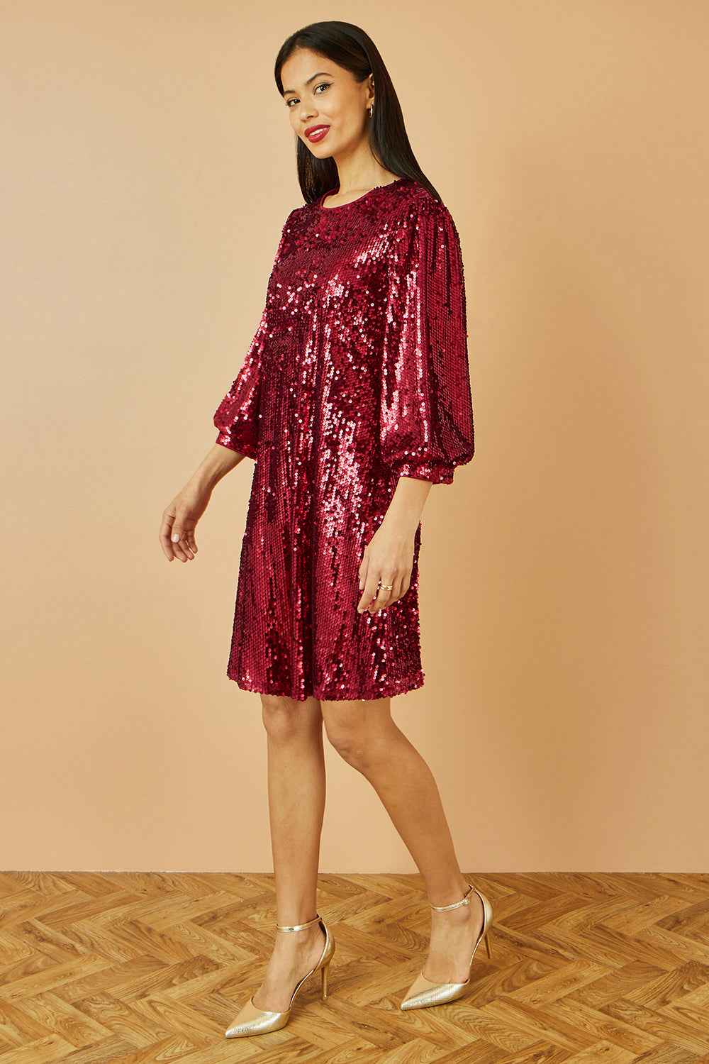 Yumi Burgundy Sequin Tunic Dress With Balloon Sleeves