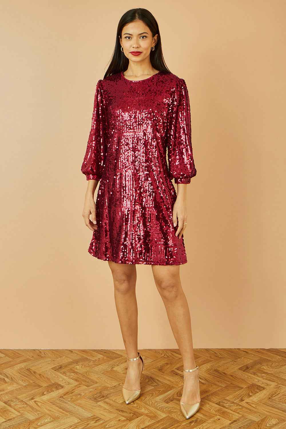 Yumi Burgundy Sequin Tunic Dress With Balloon Sleeves