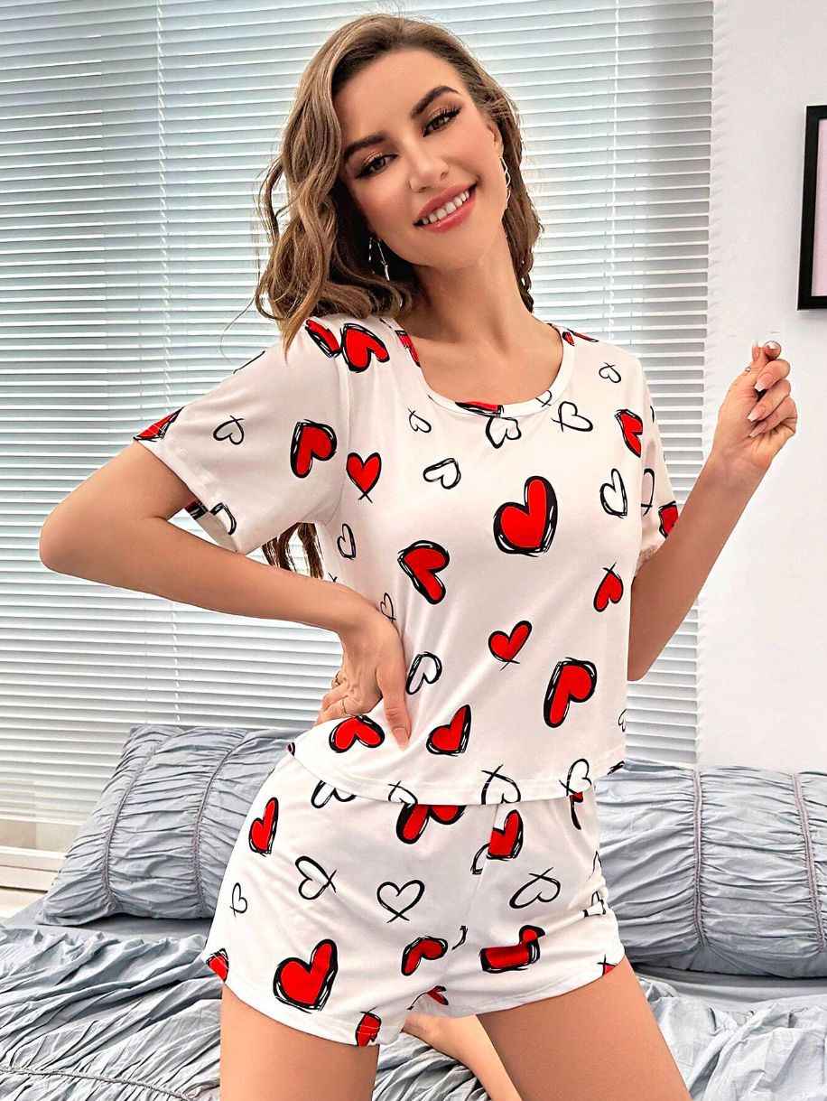 Round Neck T-shirt Pajamas Shorts Sweet Two-piece Set Suit