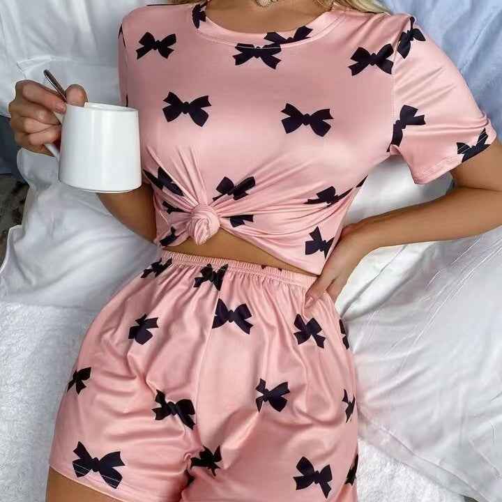 Round Neck T-shirt Pajamas Shorts Sweet Two-piece Set Suit