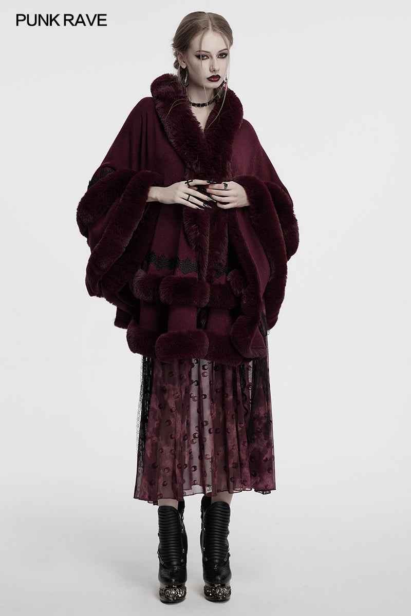 Punk Rave Isolde Faux Fur Trim Gothic Cloak Wine Red