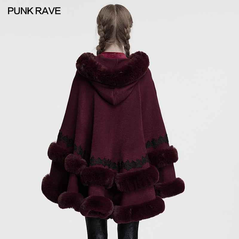 Punk Rave Isolde Faux Fur Trim Gothic Cloak Wine Red