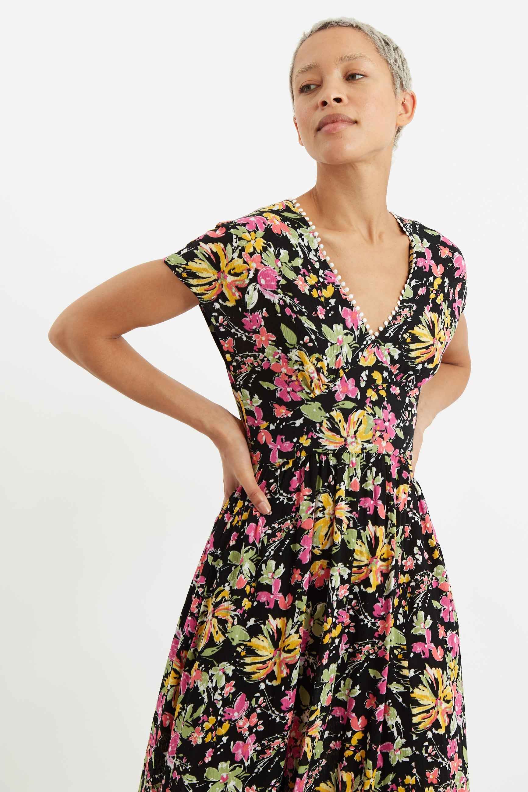 Unity Flower Burst V-Neck Midi Dress
