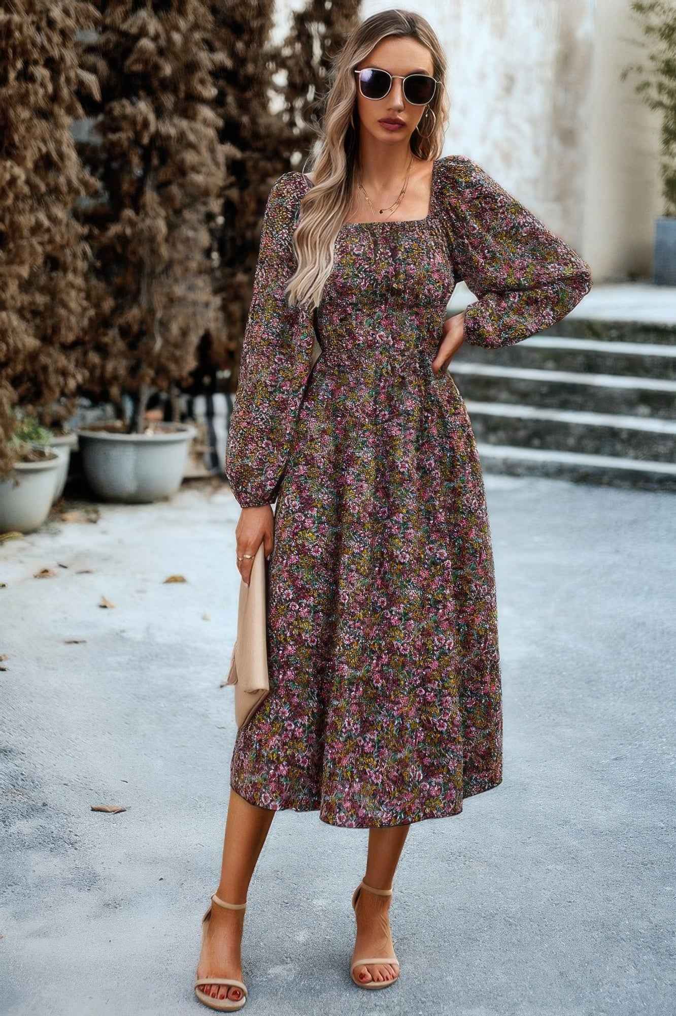 Floral High Elastic Waist Square Neck Pocket Dress