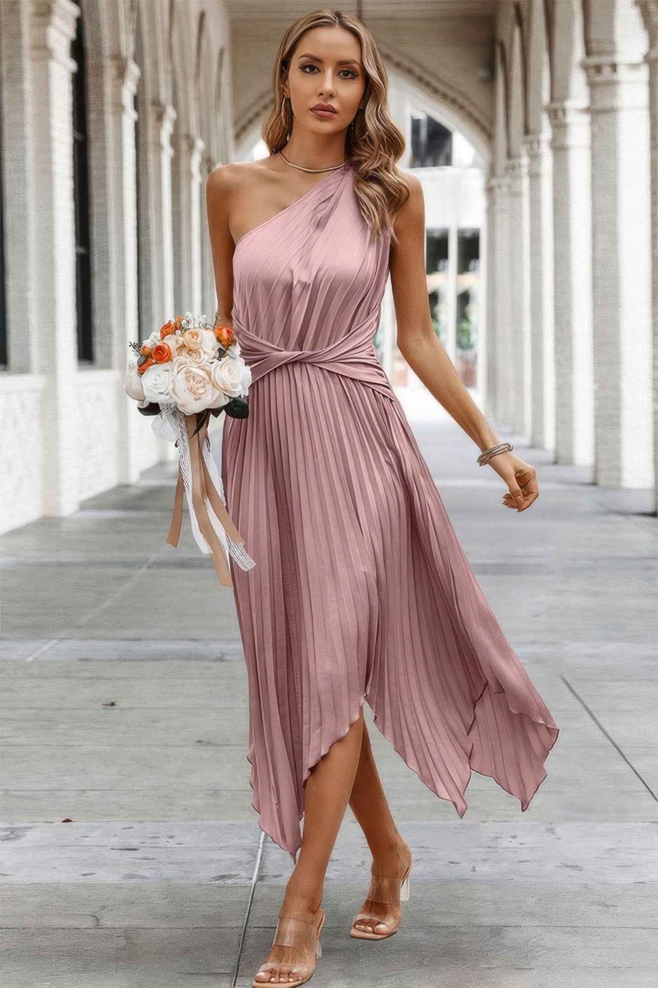 Twist Front Pleated One Shoulder Long Dress