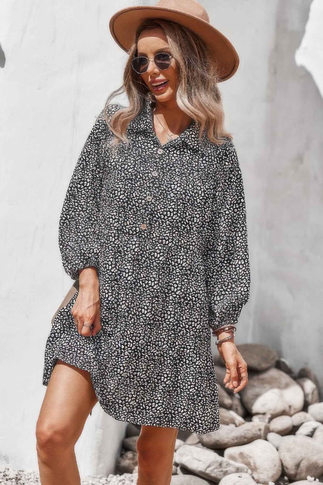 Animal Print Button Down A Line Lantem Sleeve Dress