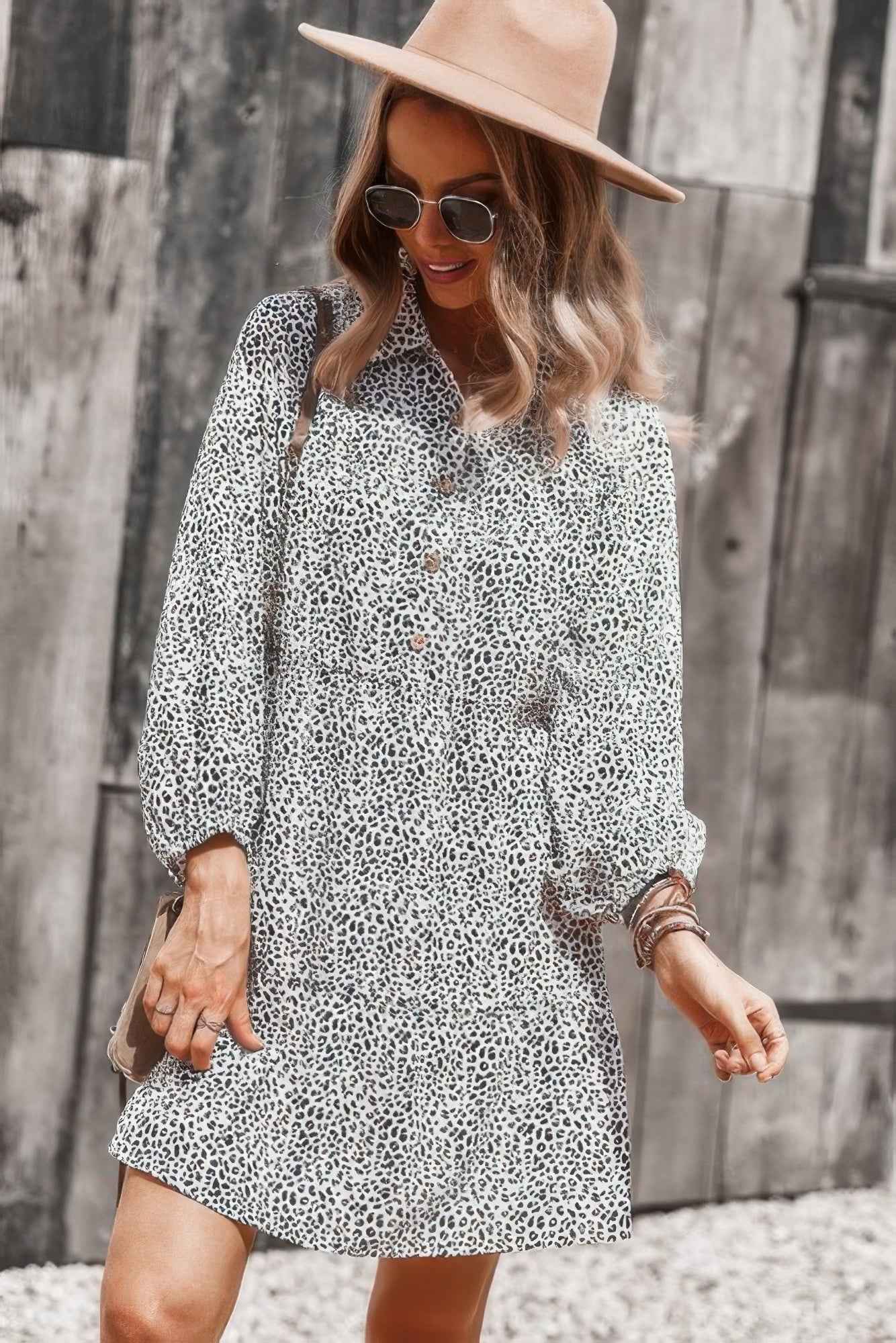 Animal Print Button Down A Line Lantem Sleeve Dress