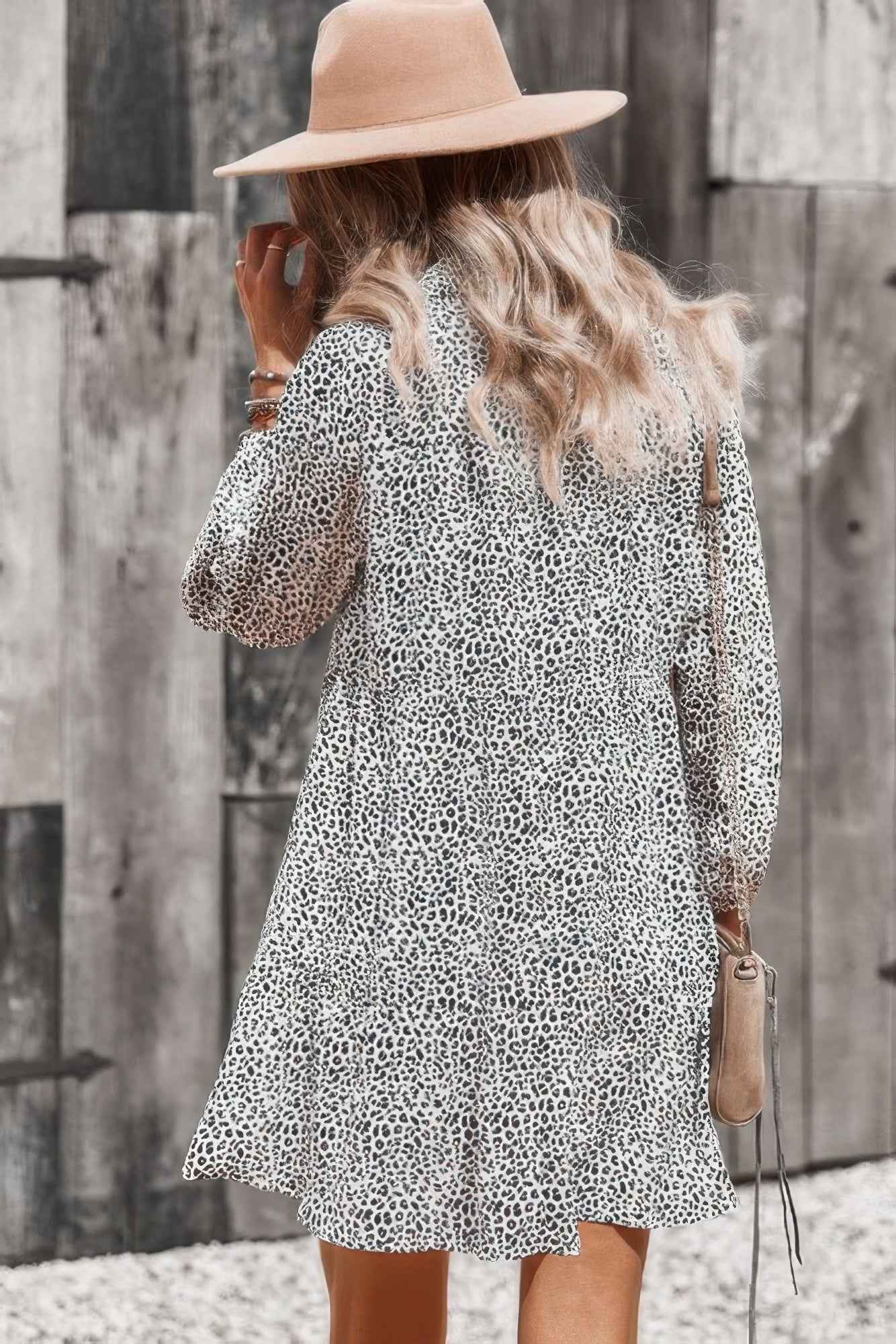 Animal Print Button Down A Line Lantem Sleeve Dress