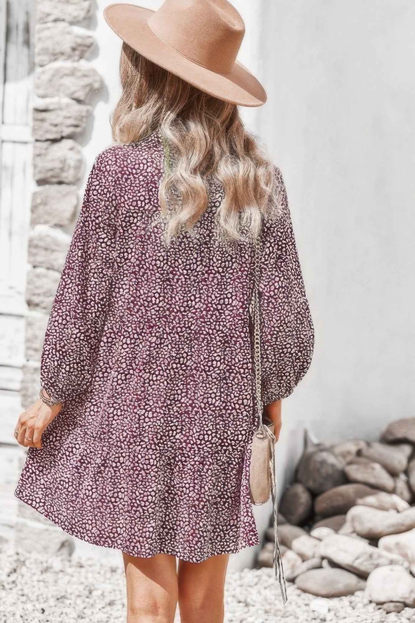 Animal Print Button Down A Line Lantem Sleeve Dress