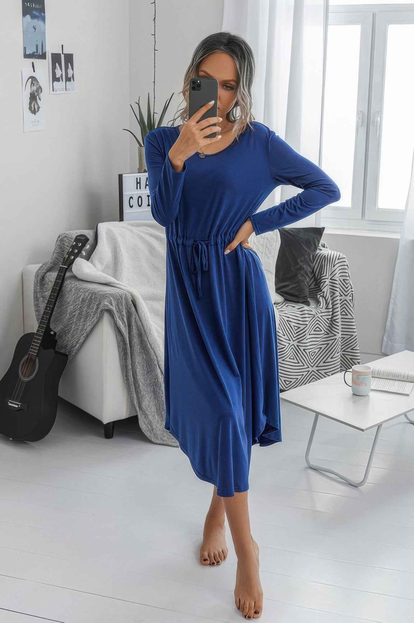 Solid Round Neck Long Sleeve Drawstring Dress