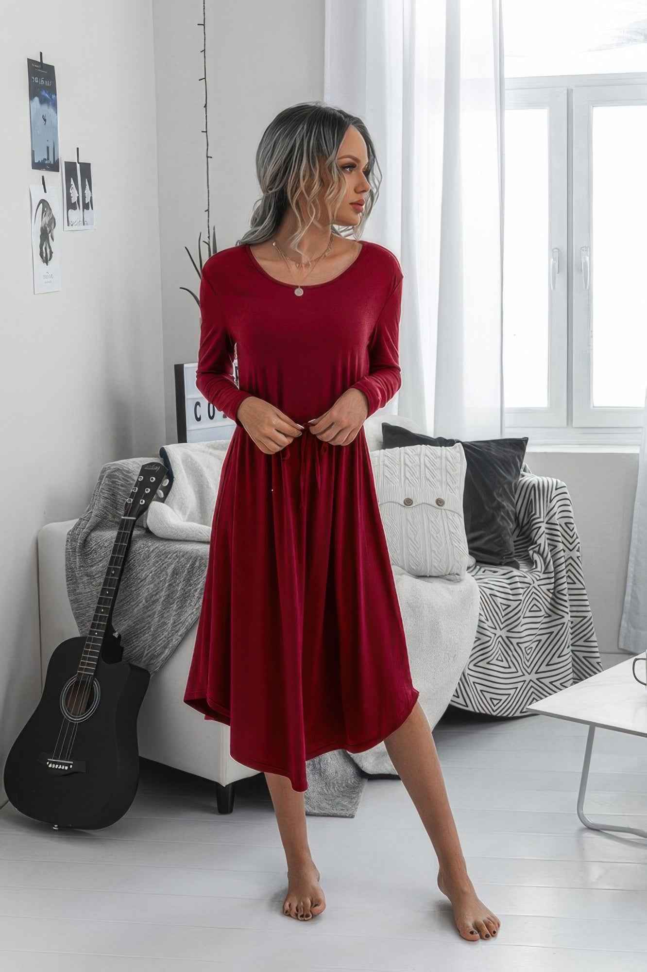 Solid Round Neck Long Sleeve Drawstring Dress