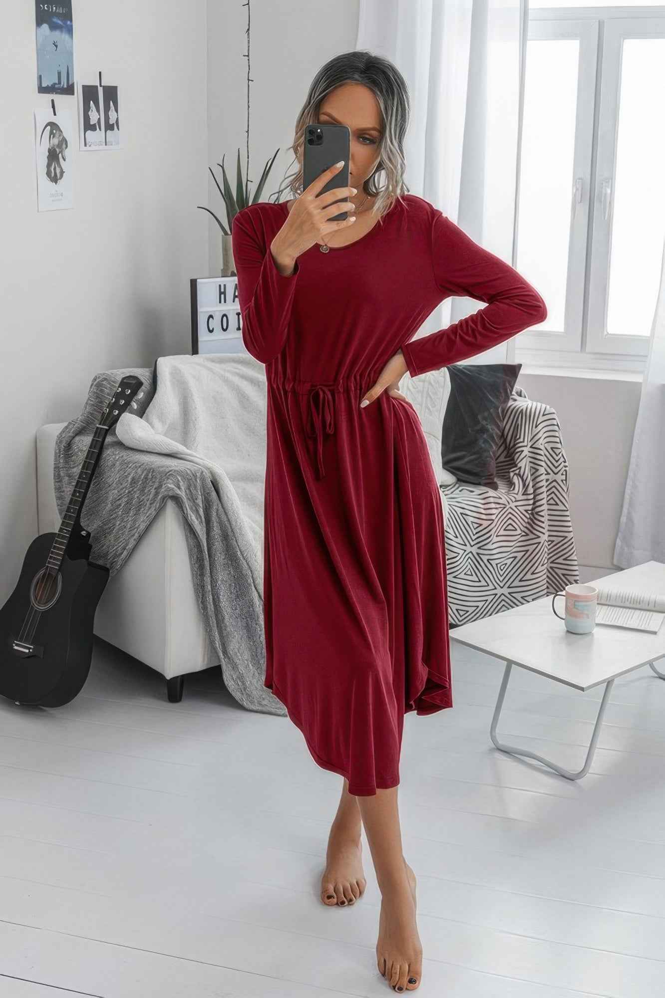 Solid Round Neck Long Sleeve Drawstring Dress