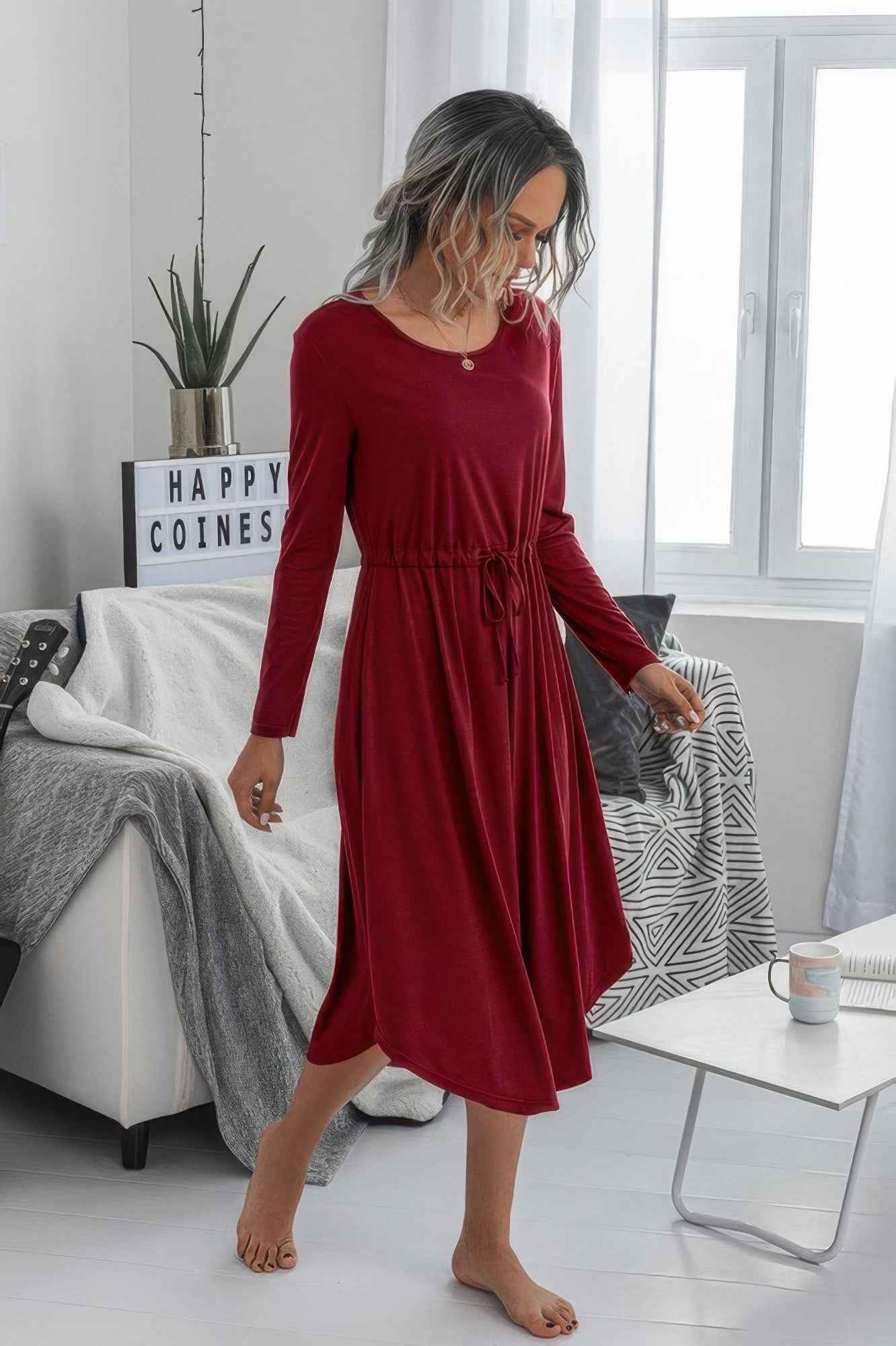 Solid Round Neck Long Sleeve Drawstring Dress