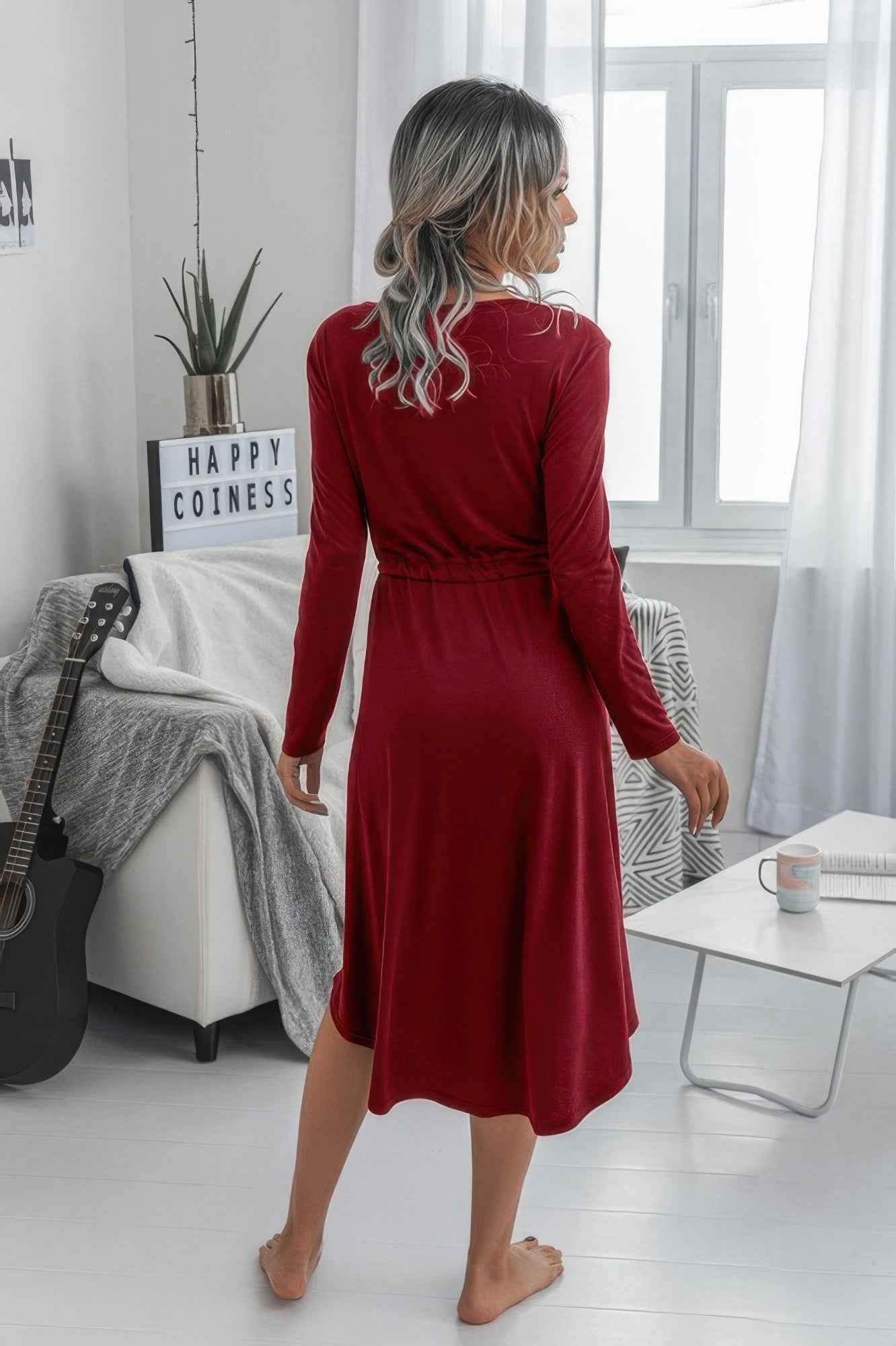 Solid Round Neck Long Sleeve Drawstring Dress
