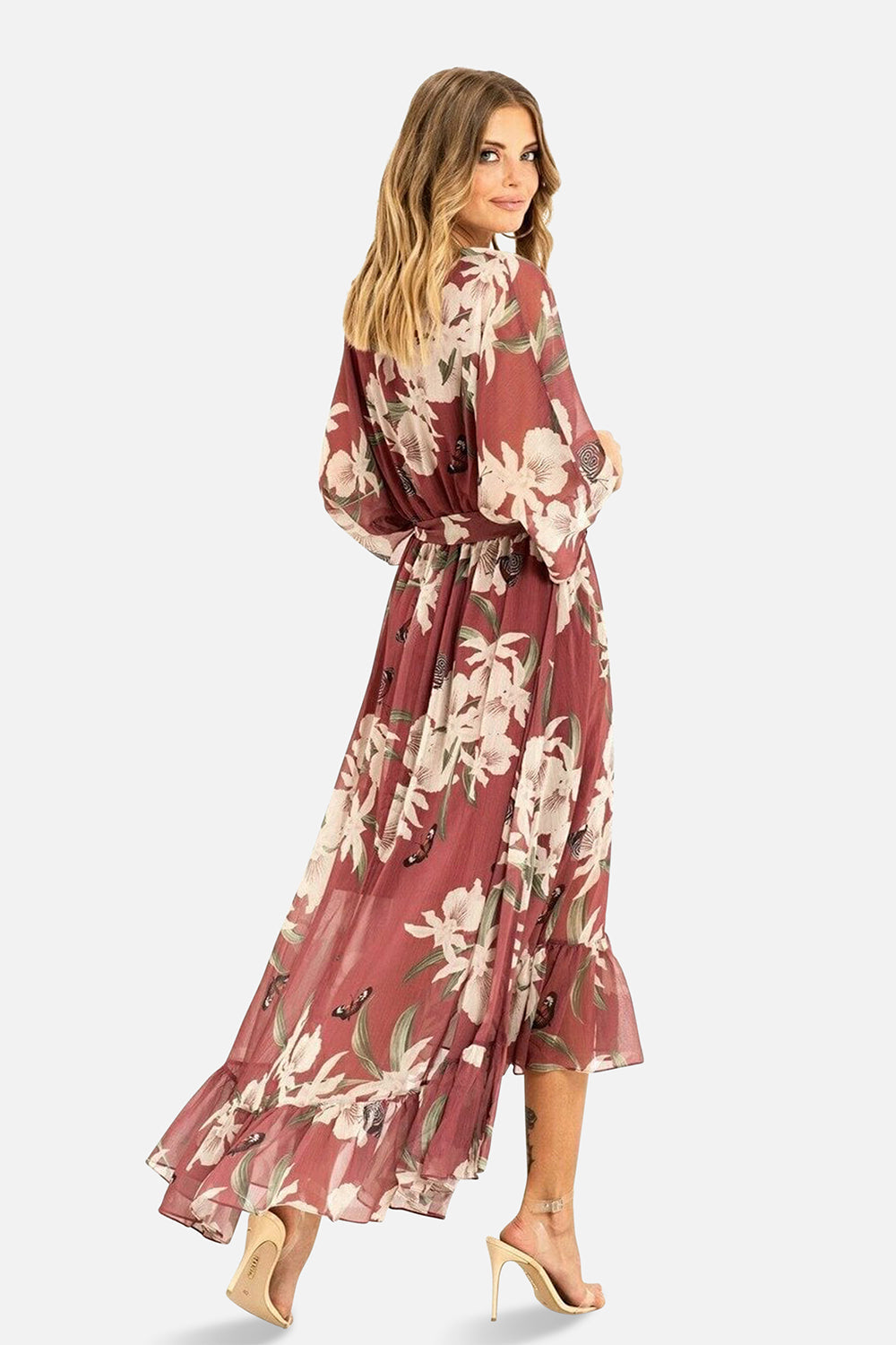 Rose Pink Floral Kimono Sleeves Dip Hem Wrap Midi Dress
