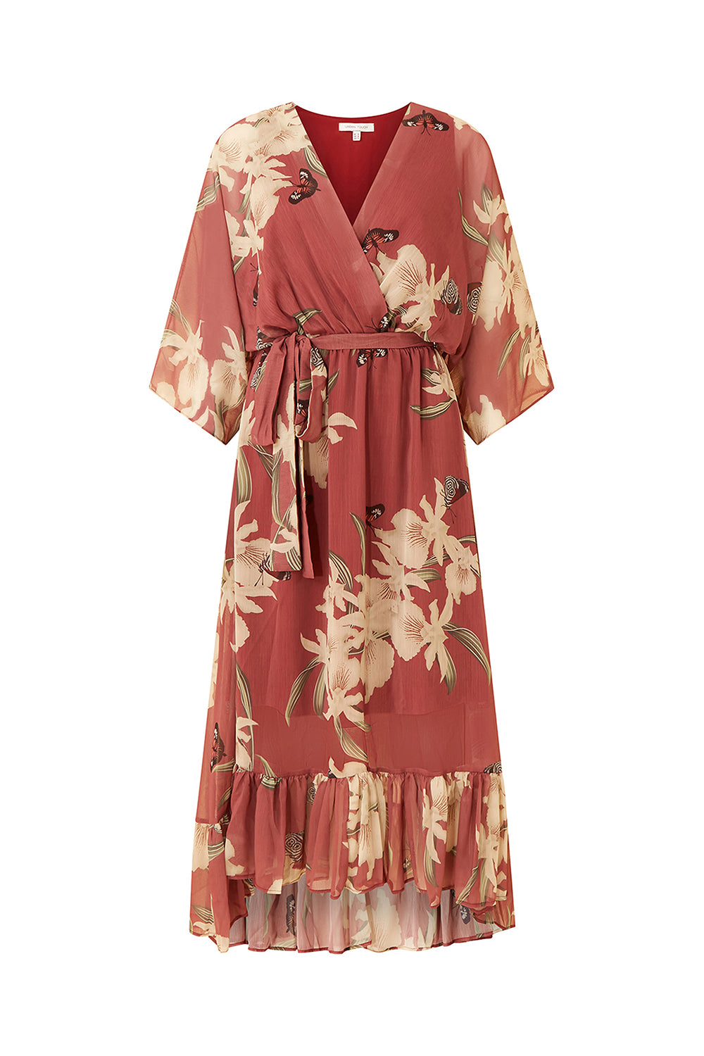Rose Pink Floral Kimono Sleeves Dip Hem Wrap Midi Dress
