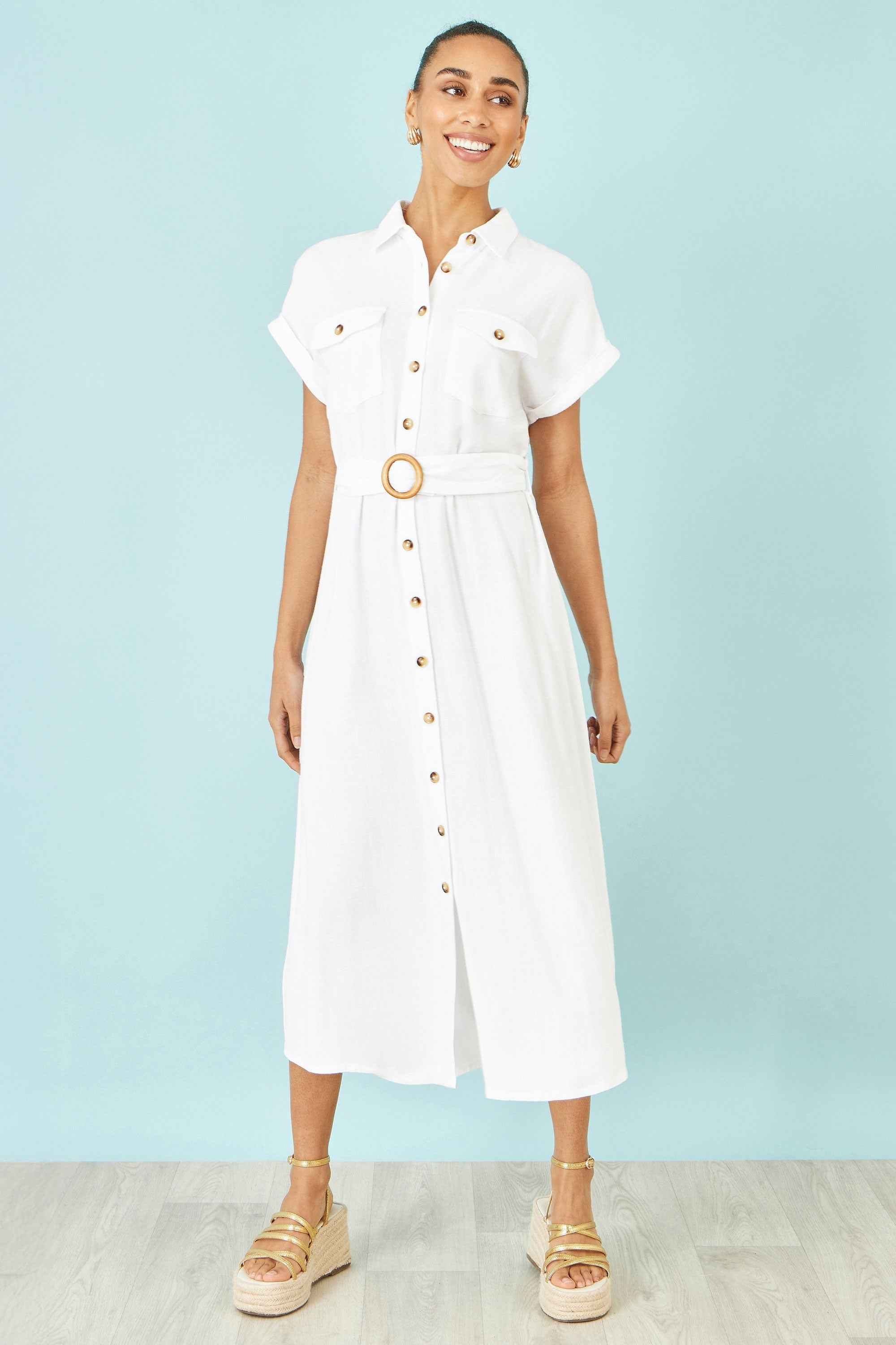 Yumi White Viscose Linen Look Midi Shirt Dress With Wooden Belt