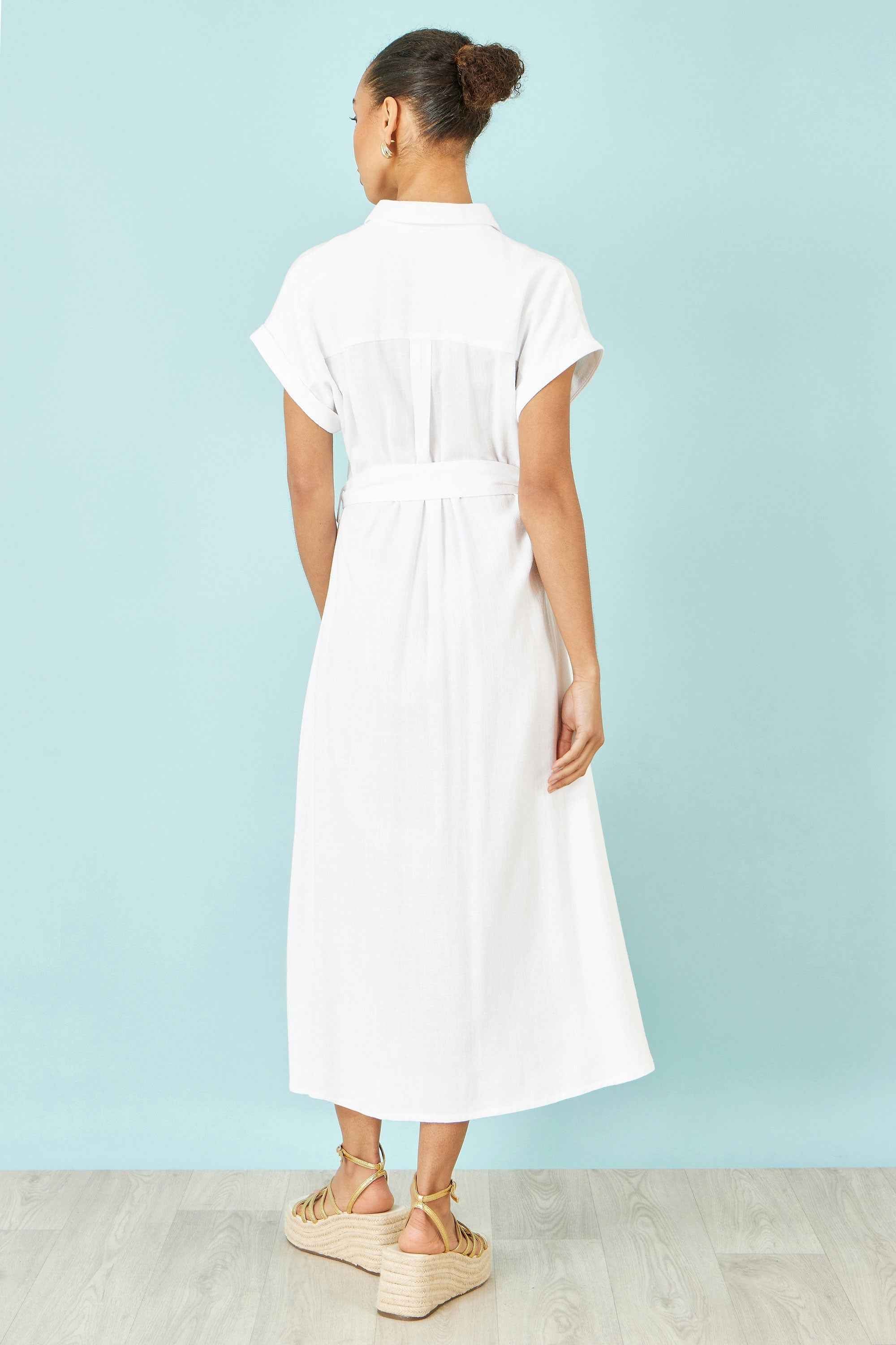 Yumi White Viscose Linen Look Midi Shirt Dress With Wooden Belt