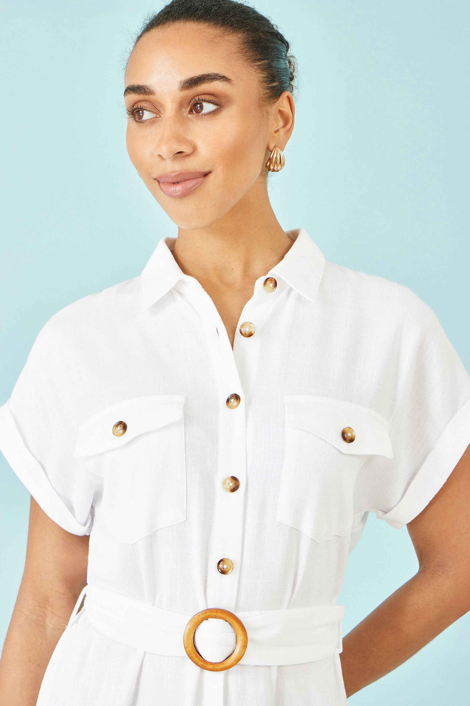 Yumi White Viscose Linen Look Midi Shirt Dress With Wooden Belt