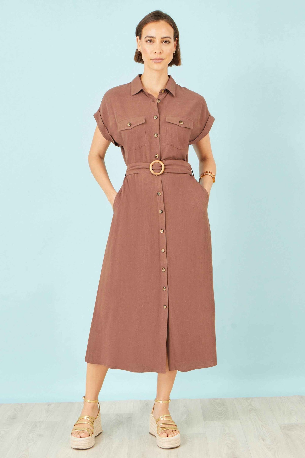 Yumi Brown Viscose Linen Look Midi Shirt Dress With Wooden Belt