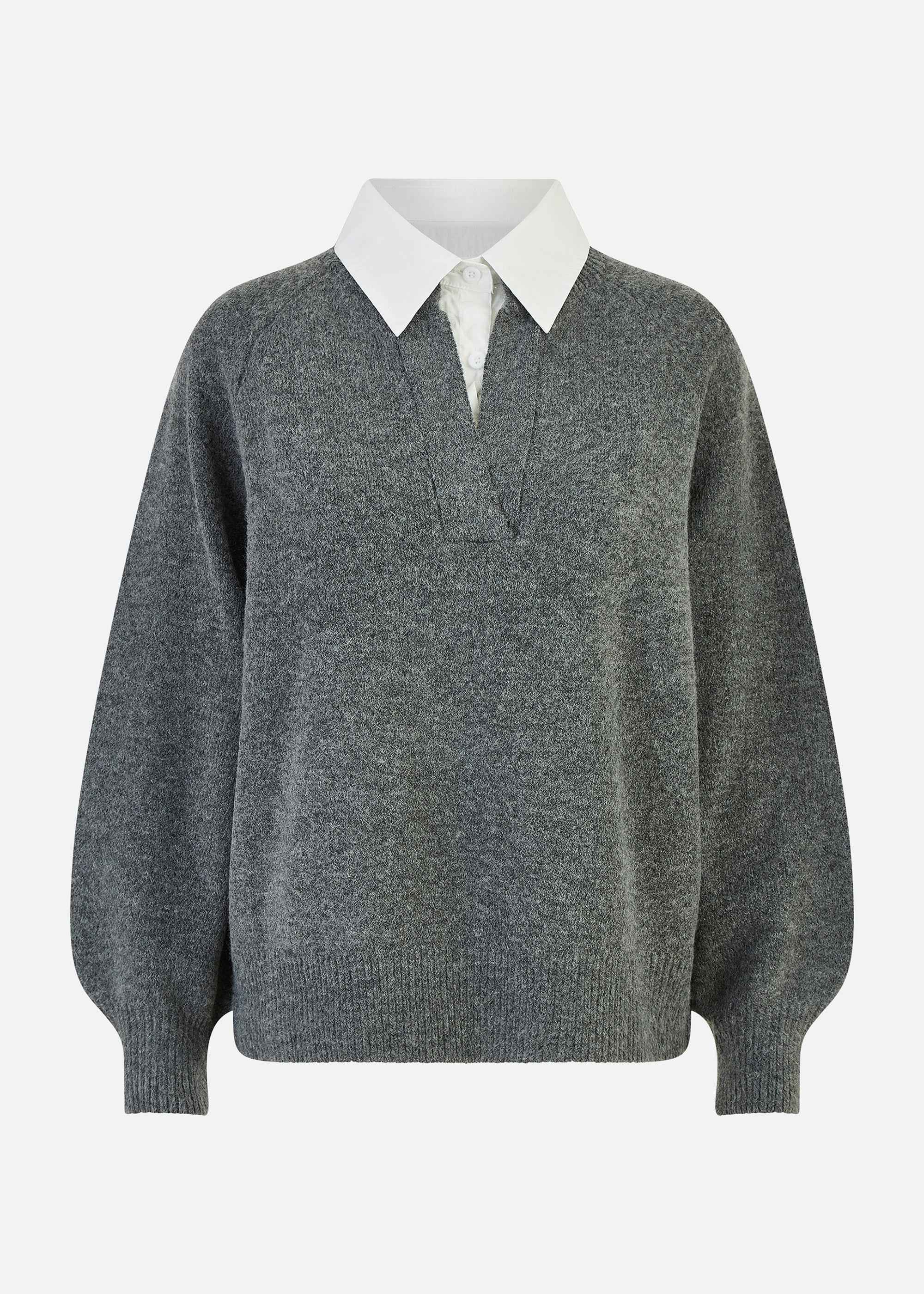 Yumi Grey Knitted Jumper With Collar Detail