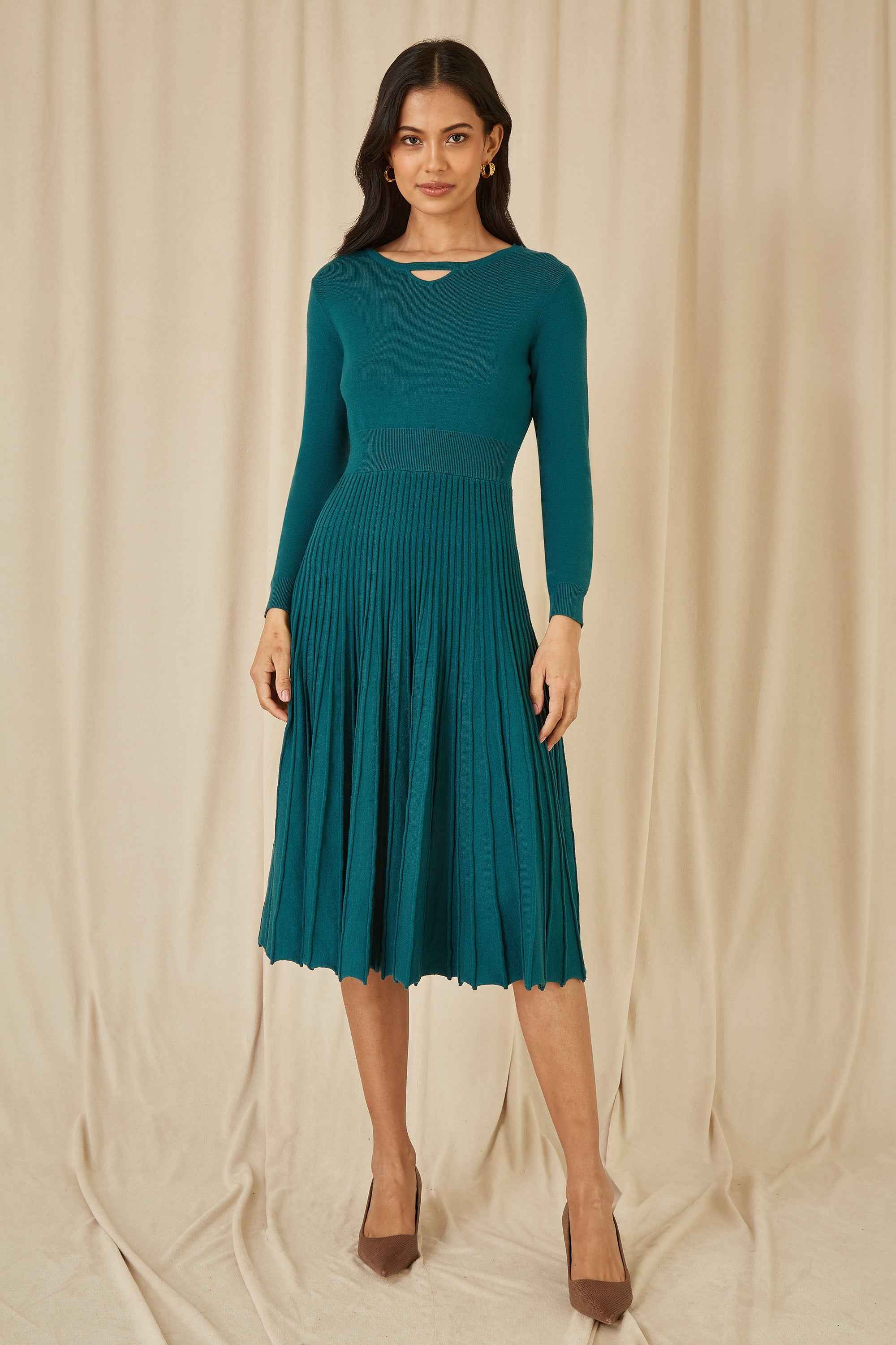 Yumi Teal Knitted Pleated Skater Dress With Notch Neckline