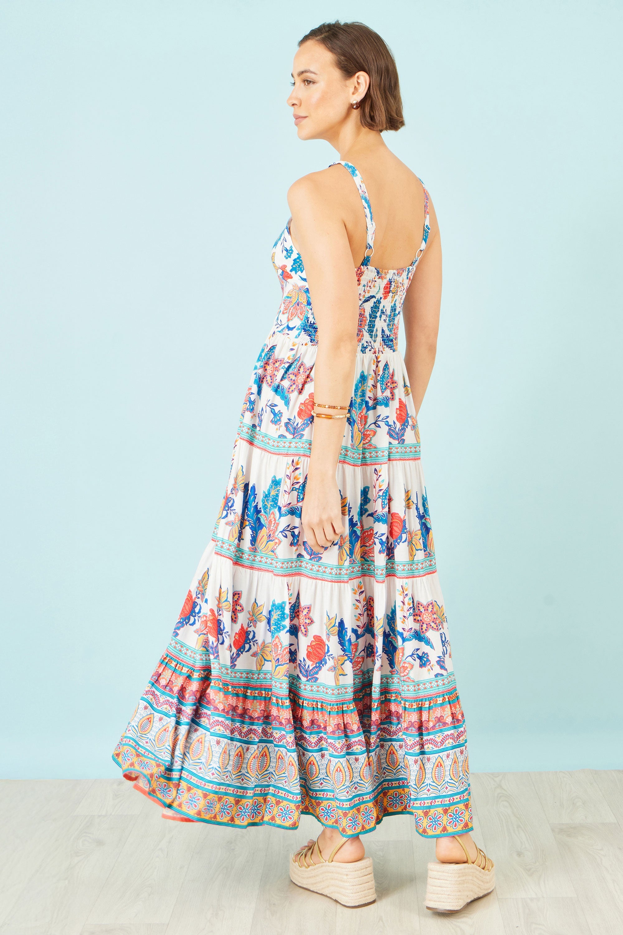 Yumi Blue Boho Block Print Tiered Maxi Dress