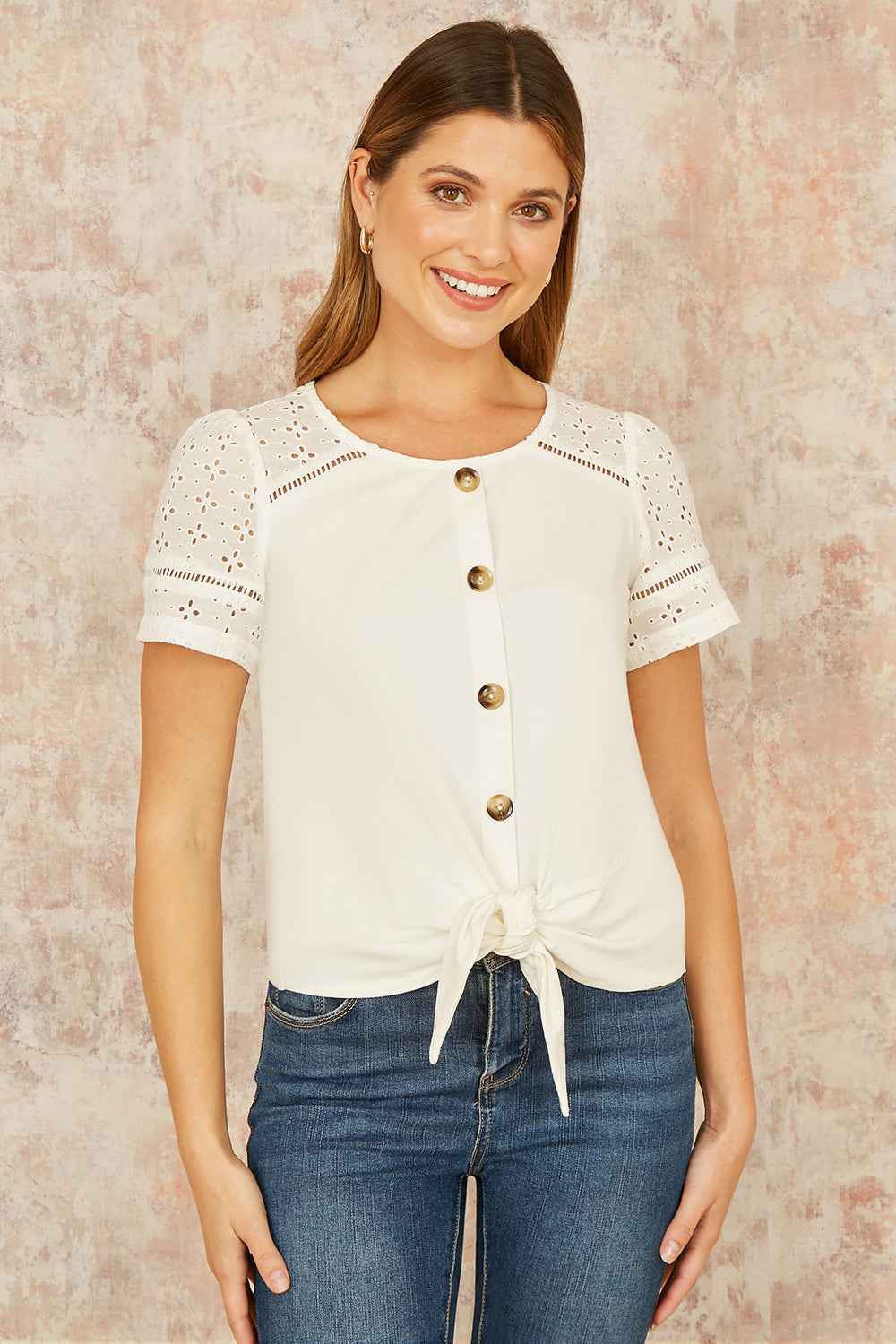 Yumi White Jersey Button Detail T-Shirt With Broderie Anglaise Sleeves And Tie Front