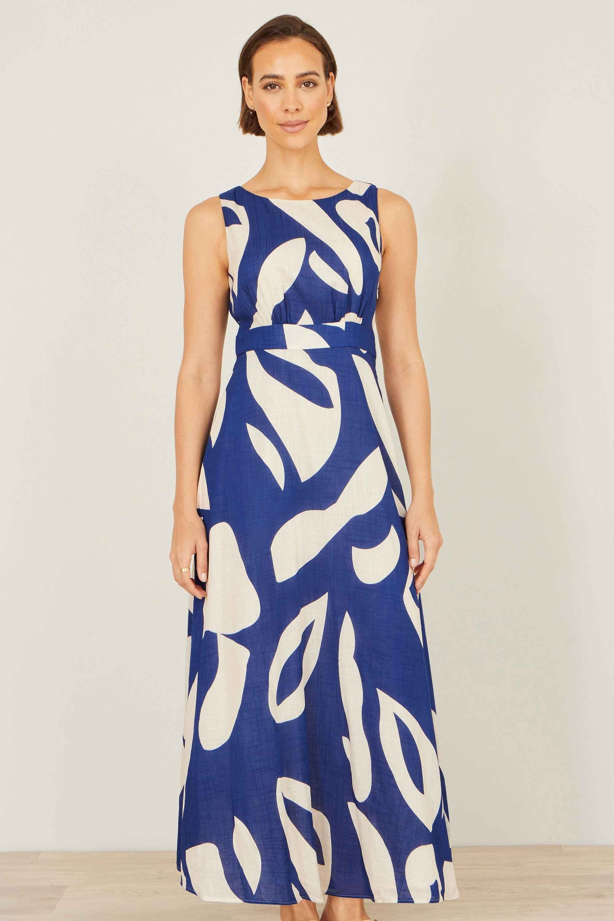 Yumi Navy Abstract Maxi Dress With Tie Back