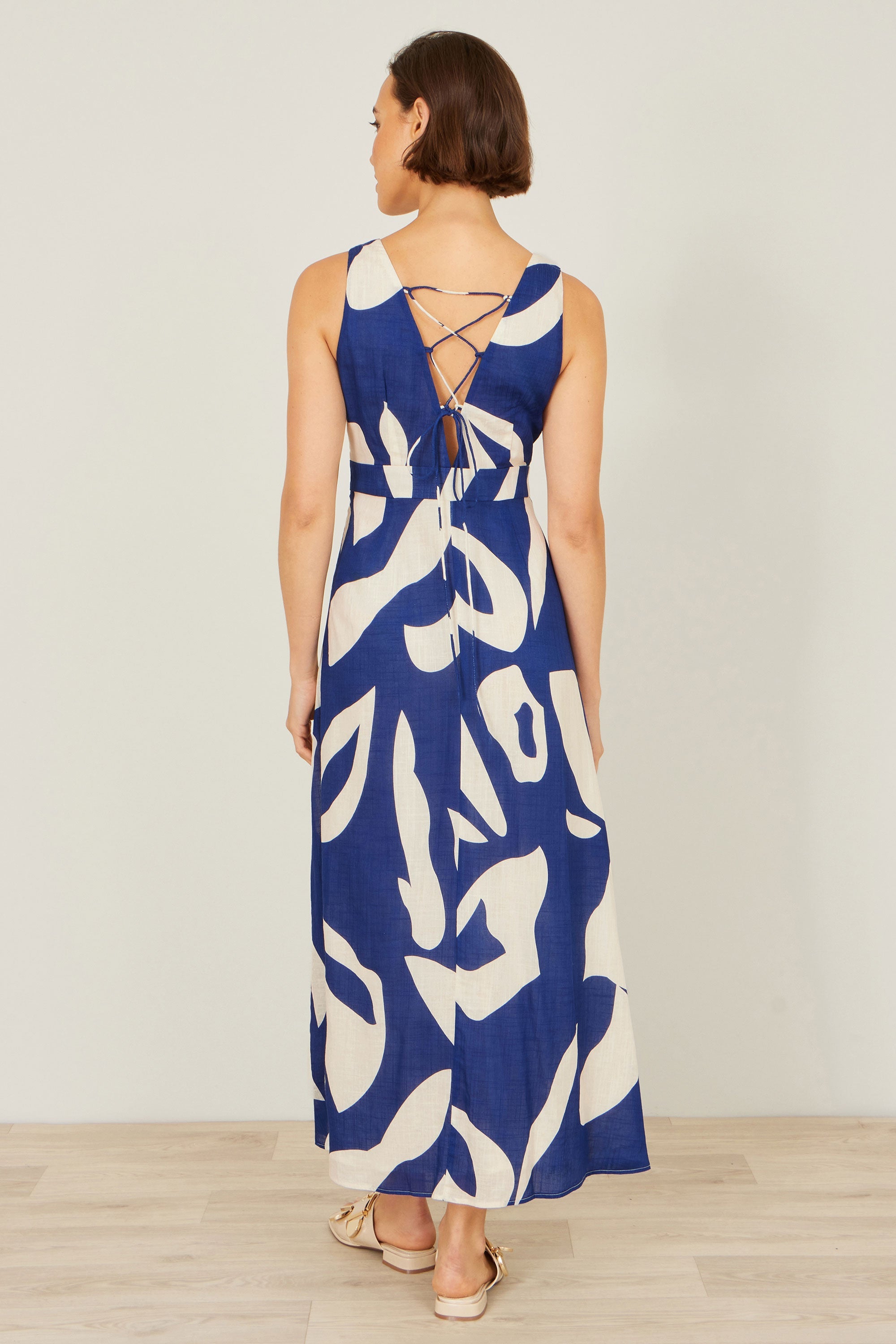 Yumi Navy Abstract Maxi Dress With Tie Back