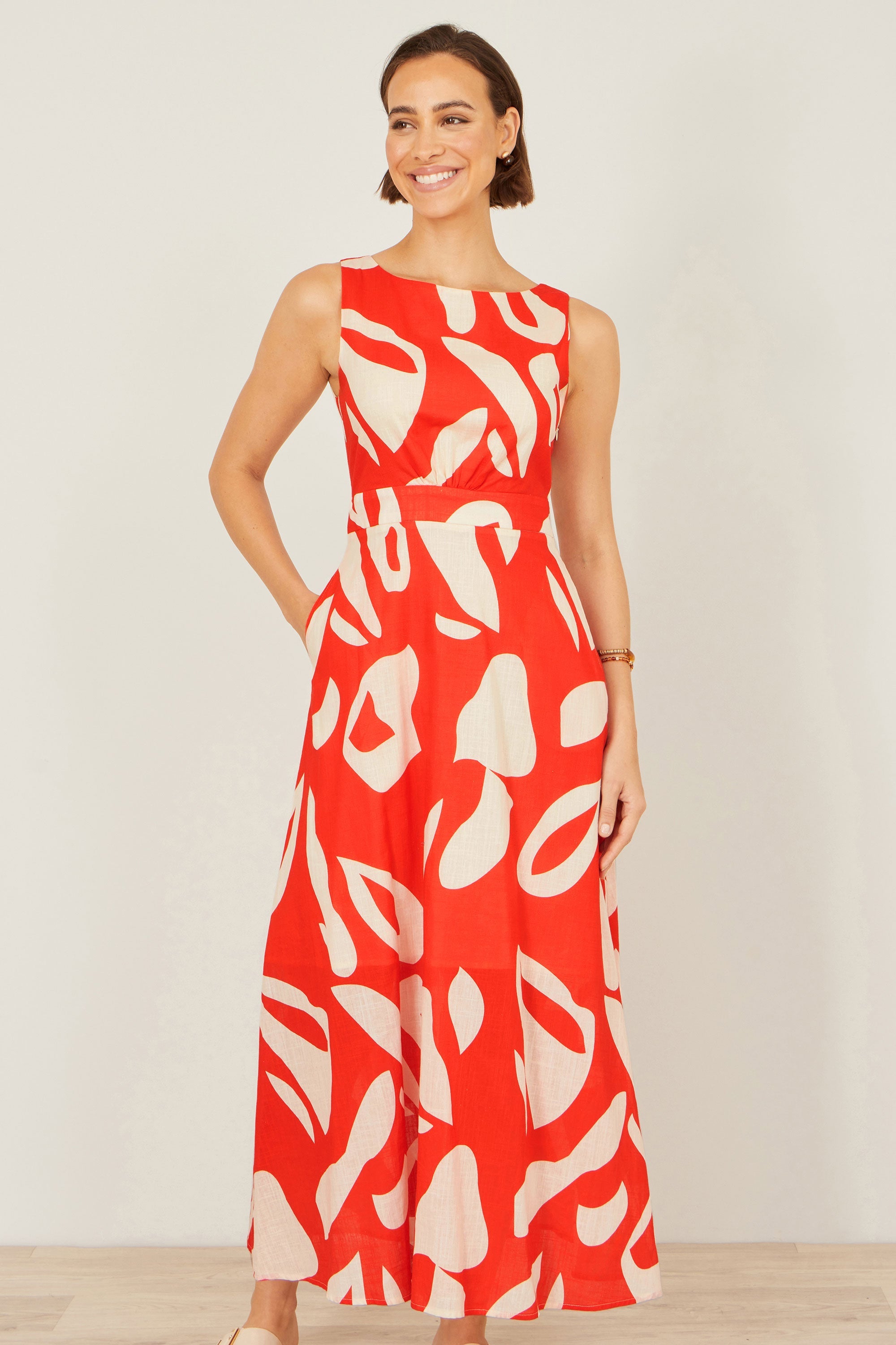 Yumi Orange Abstract Maxi Dress With Tie Back