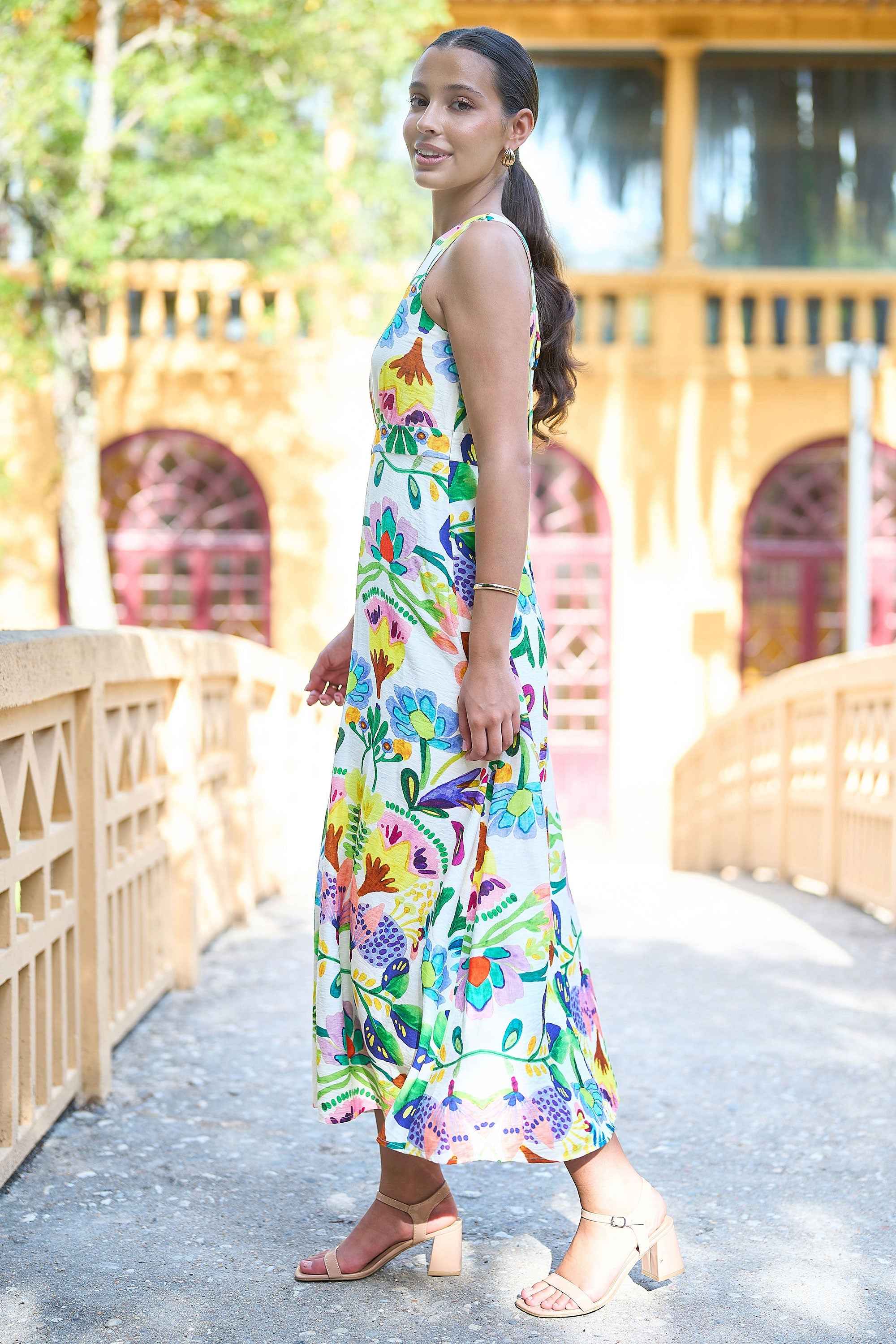 Yumi Multicolour Abstract Flower Maxi Dress With Tie Back