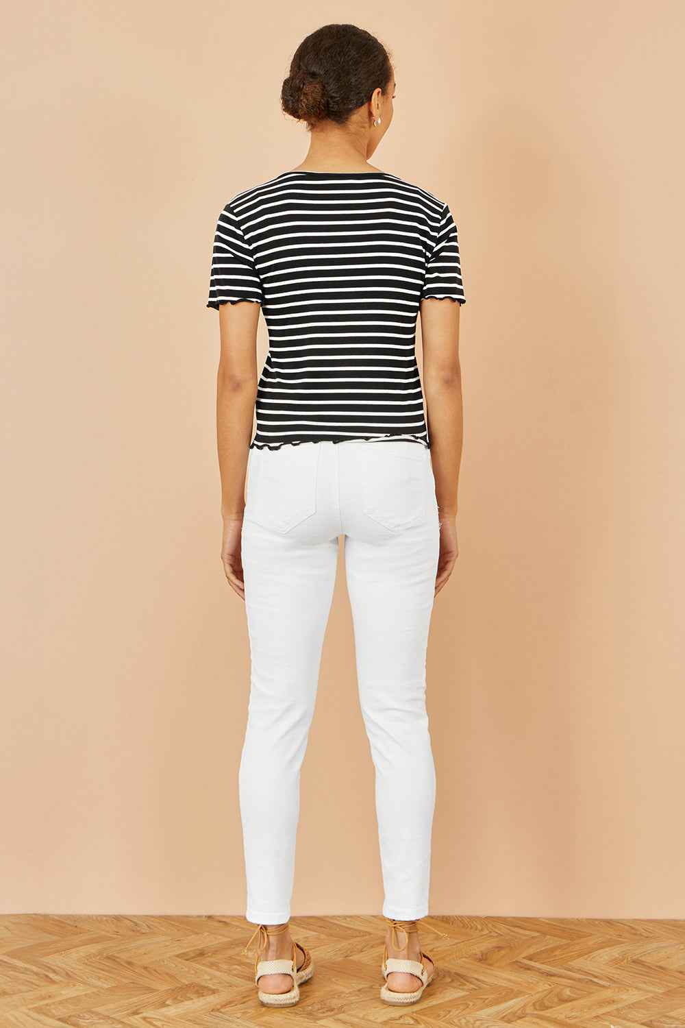 Yumi Black Striped Cotton Jersey Lettuce Trim T-Shirt